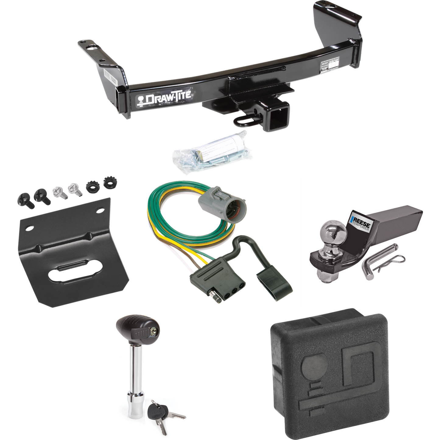 Fits 1998-2001 Mazda B2500 Trailer Hitch Tow PKG w/ 4-Flat Wiring + Starter Kit Ball Mount w/ 2" Drop & 2" Ball + Wiring Bracket + Hitch Lock + Hitch Cover (For w/Factory Tow Package Models) By Draw-Tite