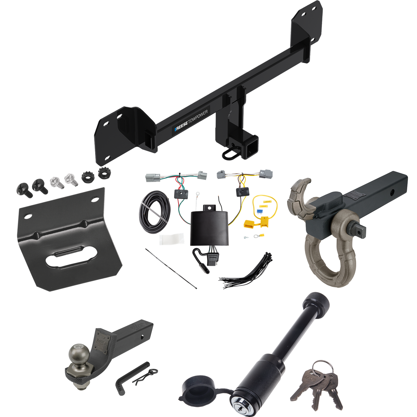 Fits 2019-2023 Volvo XC40 Trailer Hitch Tow PKG w/ 4-Flat Wiring + Interlock Tactical Starter Kit w/ 2" Drop & 2" Ball + Tactical Hook & Shackle Mount + Tactical Dogbone Lock + Wiring Bracket By Reese Towpower