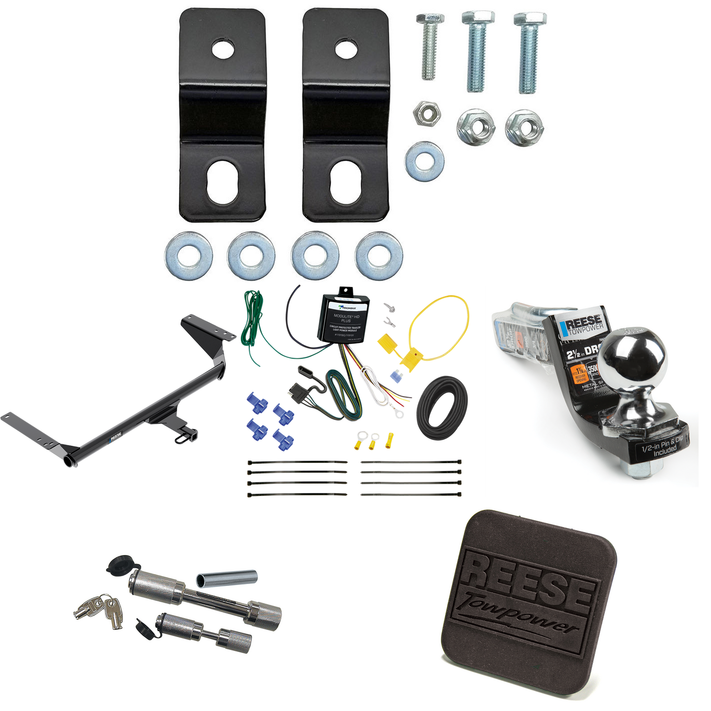 Fits 2017-2020 Chrysler Pacifica Hybrid Trailer Hitch Tow PKG w/ 4-Flat Wiring Harness + Interlock Starter Kit w/ 2" Ball 2-1/2" Drop 2" Rise + Hitch Cover + Dual Hitch & Coupler Locks By Reese Towpower