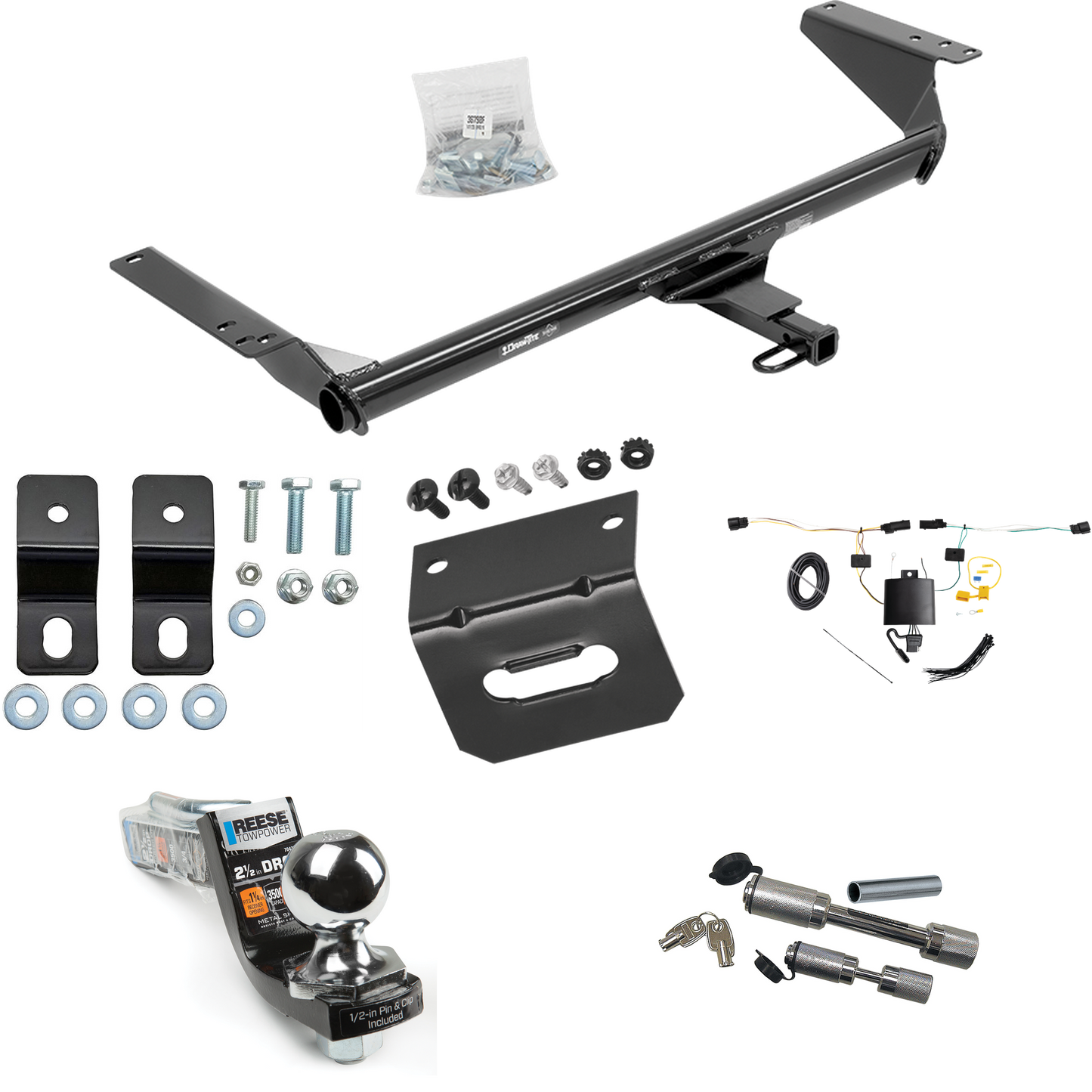 Fits 2017-2023 Chrysler Pacifica Hybrid Trailer Hitch Tow PKG w/ 4-Flat Wiring Harness + Interlock Starter Kit w/ 2" Ball 2-1/2" Drop 2" Rise + Wiring Bracket + Dual Hitch & Coupler Locks By Draw-Tite