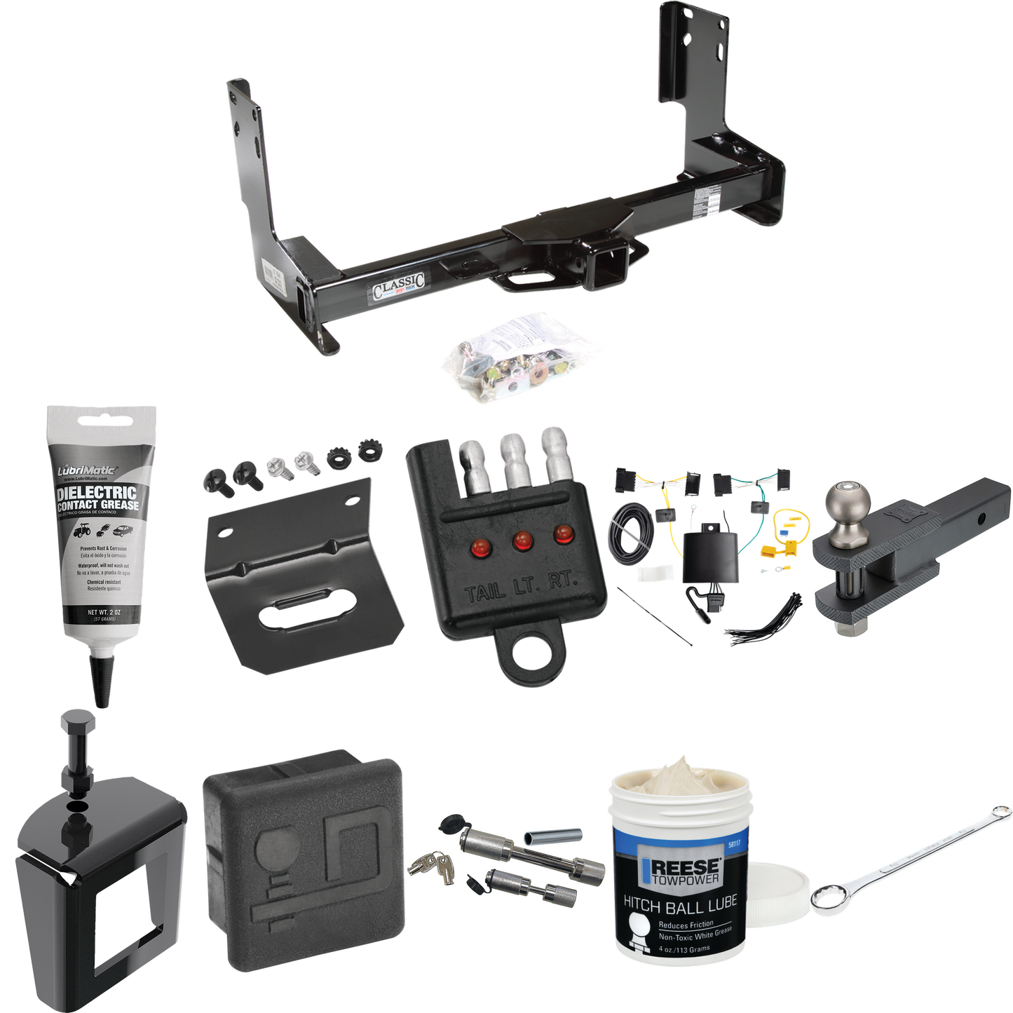 Fits 2019-2021 Mercedes-Benz Sprinter 3500 Trailer Hitch Tow PKG w/ 4-Flat Wiring + Clevis Hitch Ball Mount w/ 2" Ball + Wiring Bracket + Hitch Cover + Dual Hitch & Coupler Locks + Wiring Tester + Ball Lube + Electric Grease + Ball Wrench + Anti Ratt