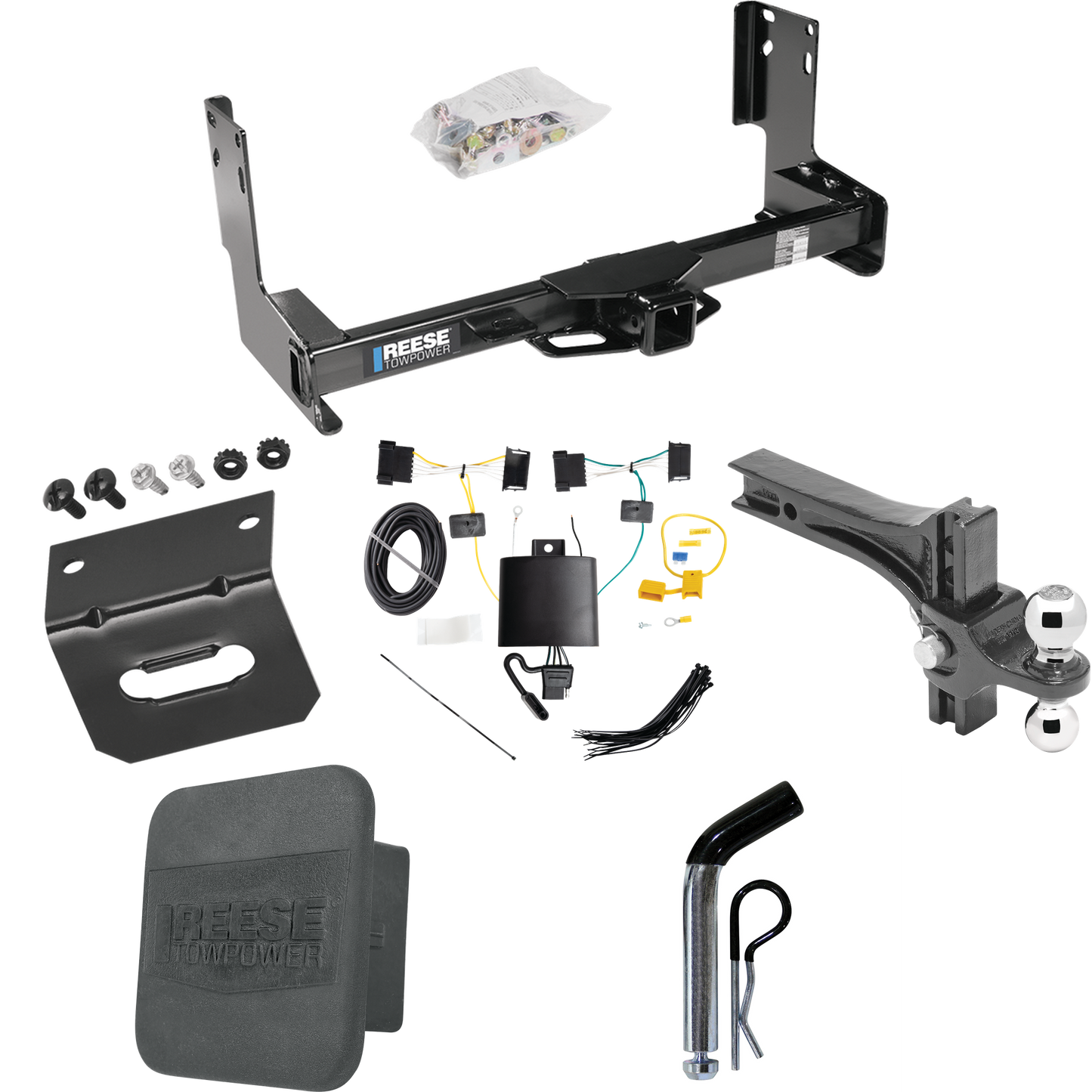 Fits 2019-2021 Freightliner Sprinter 3500 Trailer Hitch Tow PKG w/ 4-Flat Wiring + Dual Adjustable Drop Rise Ball Ball Mount 2" & 2-5/16" Trailer Balls + Pin/Clip + Wiring Bracket + Hitch Cover (Excludes: w/Factory Step Bumper Models) By Reese Towpow