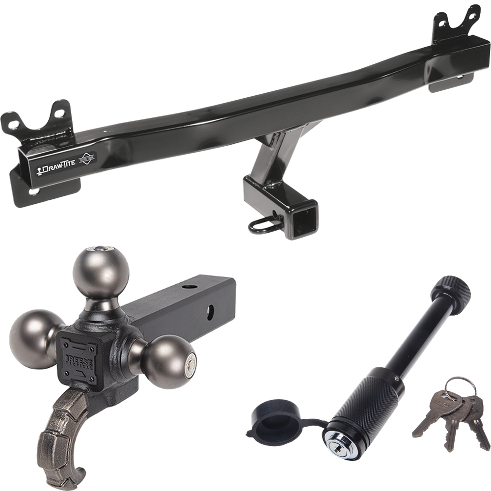 Fits 2008-2010 Volvo V70 Trailer Hitch Tow PKG + Triple Ball Tactical Ball Mount 1-7/8" & 2" & 2-5/16" Balls w/ Tow Hook + Tactical Dogbone Lock (For Wagon Models) By Draw-Tite