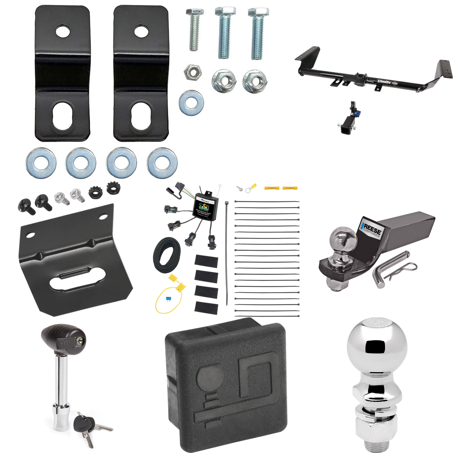 Fits 2017-2020 Chrysler Pacifica Hybrid Trailer Hitch Tow PKG w/ 4-Flat Zero Contact "No Splice" Wiring + Starter Kit Ball Mount w/ 2" Drop & 2" Ball + 2-5/16" Ball + Wiring Bracket + Hitch Lock + Hitch Cover By Draw-Tite