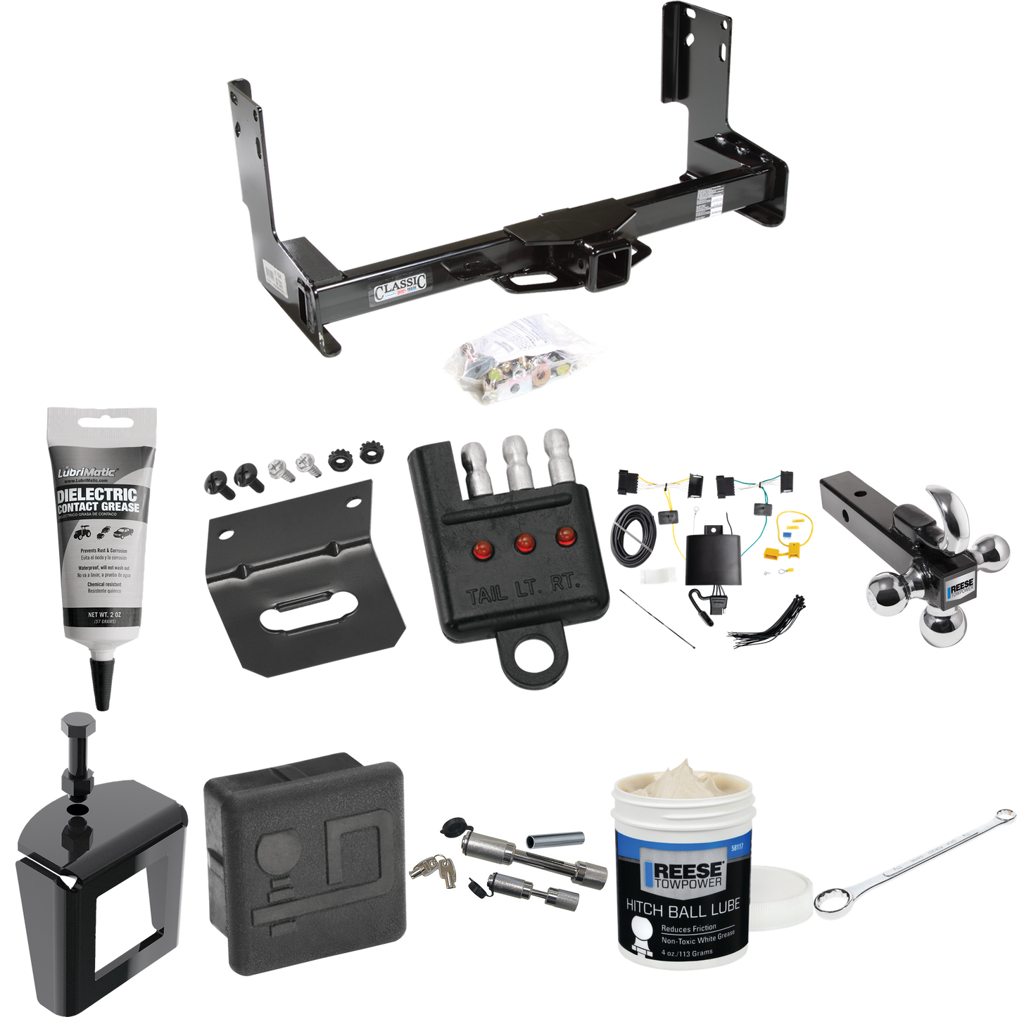 Fits 2019-2021 Mercedes-Benz Sprinter 3500 Trailer Hitch Tow PKG w/ 4-Flat Wiring + Triple Ball Ball Mount 1-7/8" & 2" & 2-5/16" Trailer Balls w/ Tow Hook + Wiring Bracket + Hitch Cover + Dual Hitch & Coupler Locks + Wiring Tester + Ball Lube + Elect