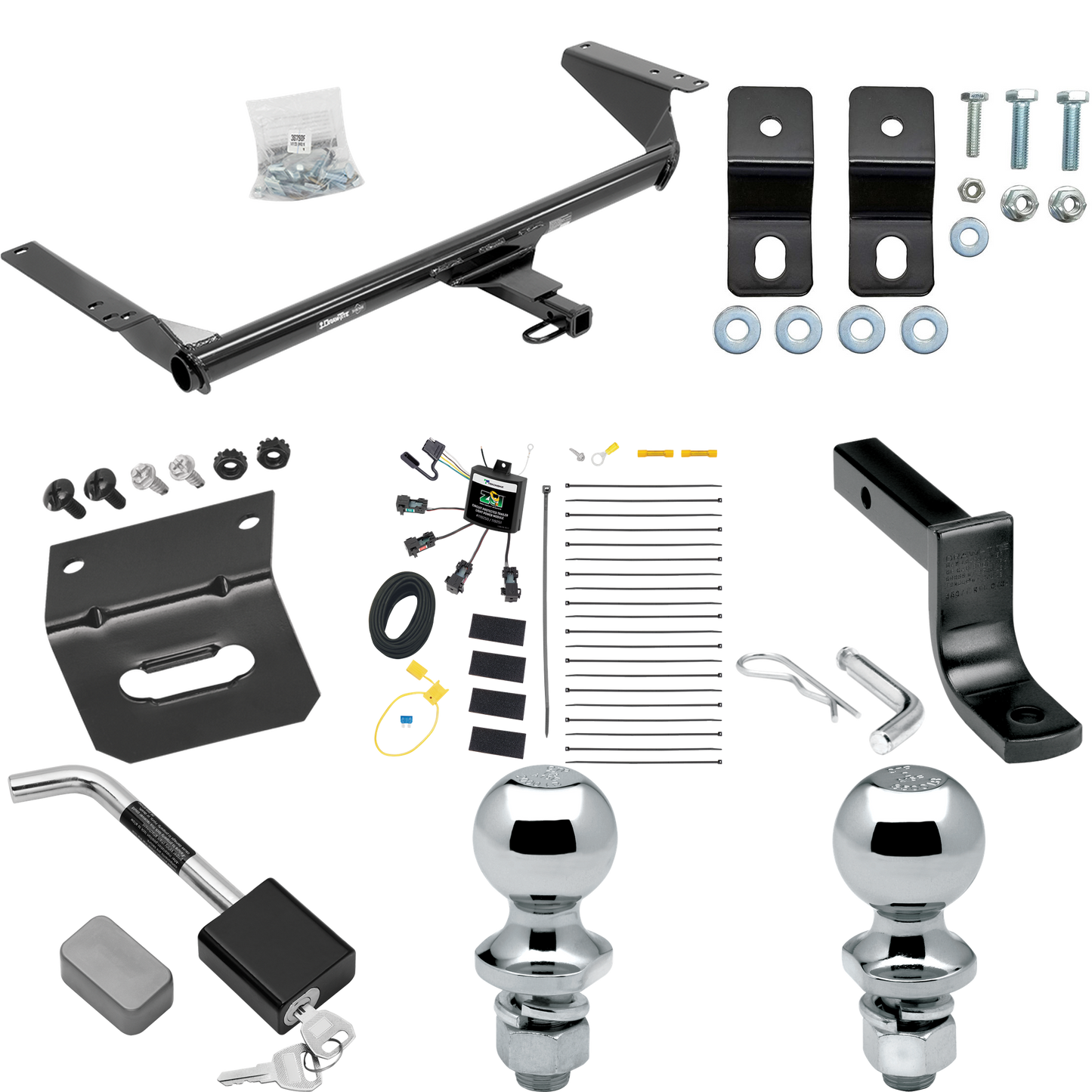 Fits 2017-2020 Chrysler Pacifica Hybrid Trailer Hitch Tow PKG w/ 4-Flat Zero Contact "No Splice" Wiring Harness + Draw-Bar + 1-7/8" + 2" Ball + Wiring Bracket + Hitch Lock By Draw-Tite