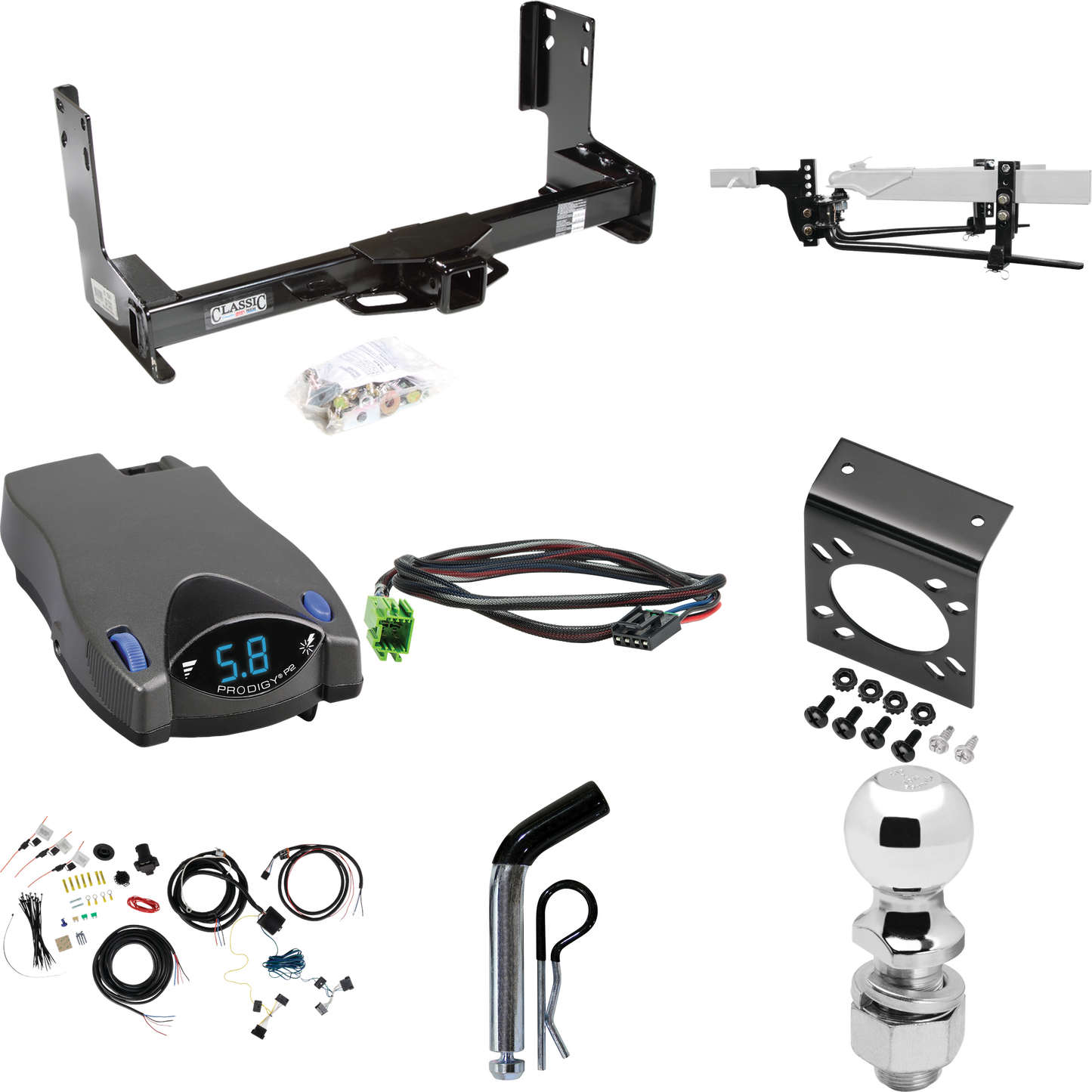 Fits 2019-2021 Mercedes-Benz Sprinter 3500 Trailer Hitch Tow PKG w/ 8K Round Bar Weight Distribution Hitch w/ 2-5/16" Ball + 2" Ball + Pin/Clip + Tekonsha Prodigy P2 Brake Control + Plug & Play BC Adapter + 7-Way RV Wiring (Excludes: w/Factory Step B