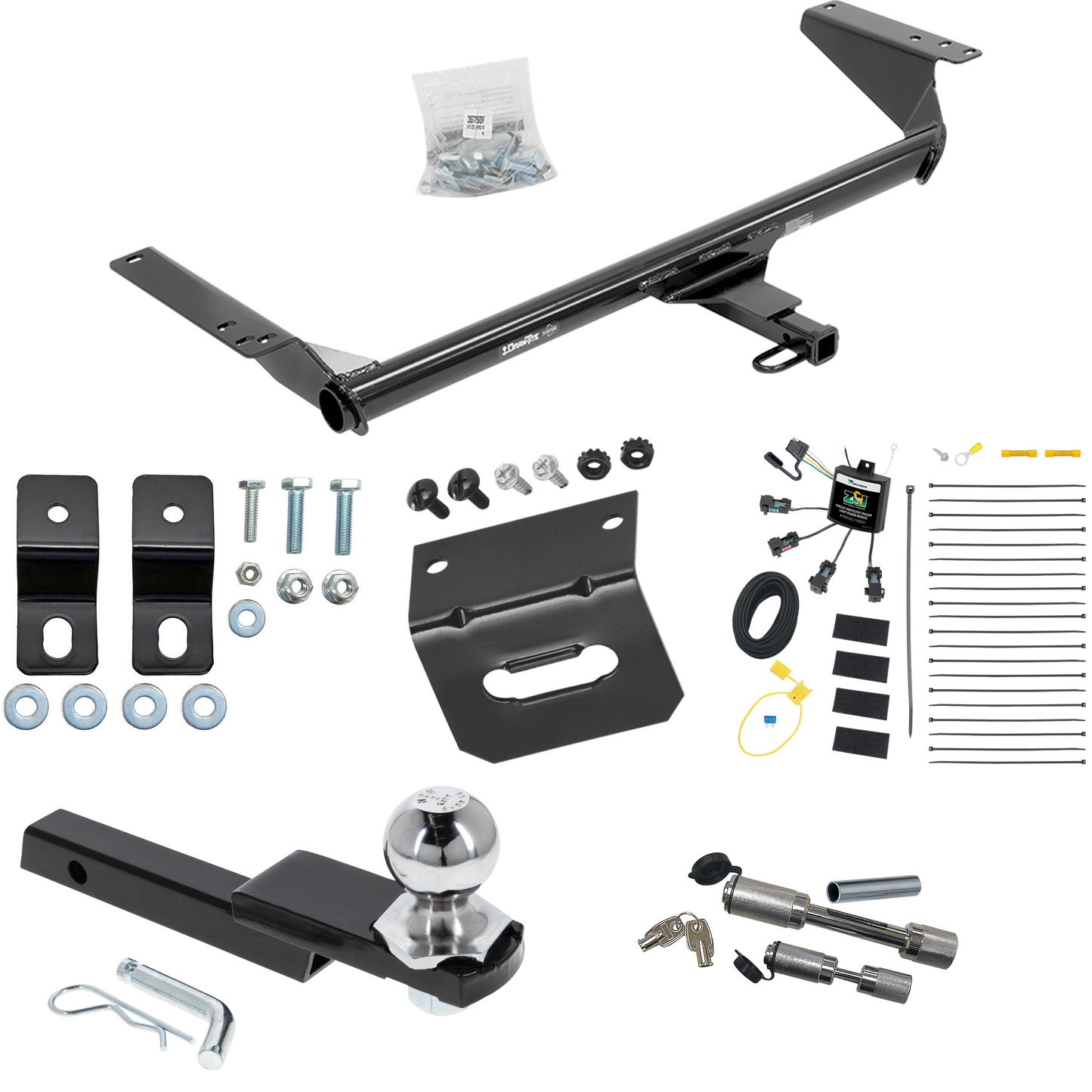 Fits 2017-2020 Chrysler Pacifica Hybrid Trailer Hitch Tow PKG w/ 4-Flat Zero Contact "No Splice" Wiring Harness + Interlock Starter Kit w/ 2" Ball 1-1/4" Drop 3/4" Rise + Wiring Bracket + Dual Hitch & Coupler Locks By Draw-Tite