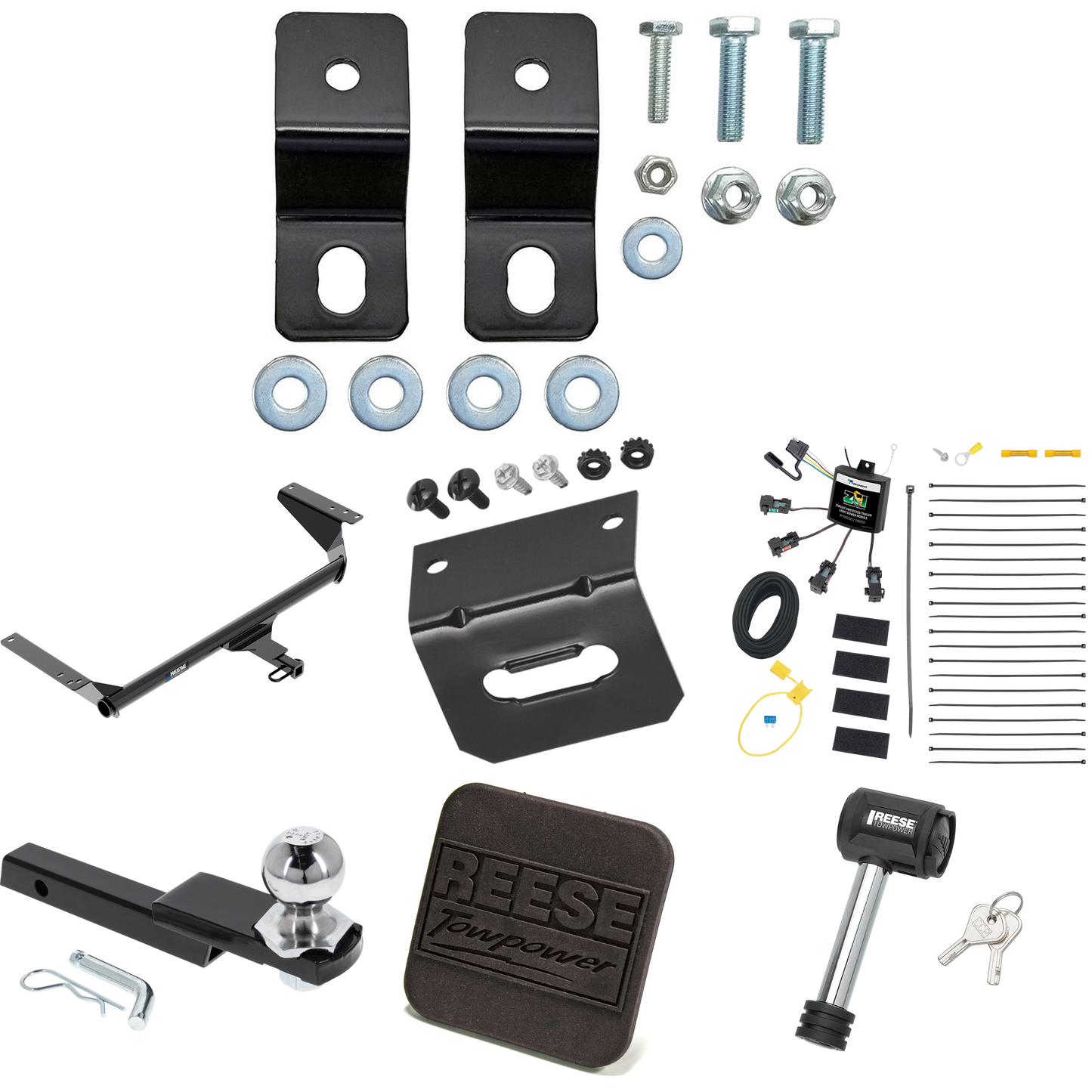 Fits 2017-2020 Chrysler Pacifica Hybrid Trailer Hitch Tow PKG w/ 4-Flat Zero Contact "No Splice" Wiring Harness + Interlock Starter Kit w/ 2" Ball 1-1/4" Drop 3/4" Rise + Wiring Bracket + Hitch Cover + Hitch Lock By Reese Towpower