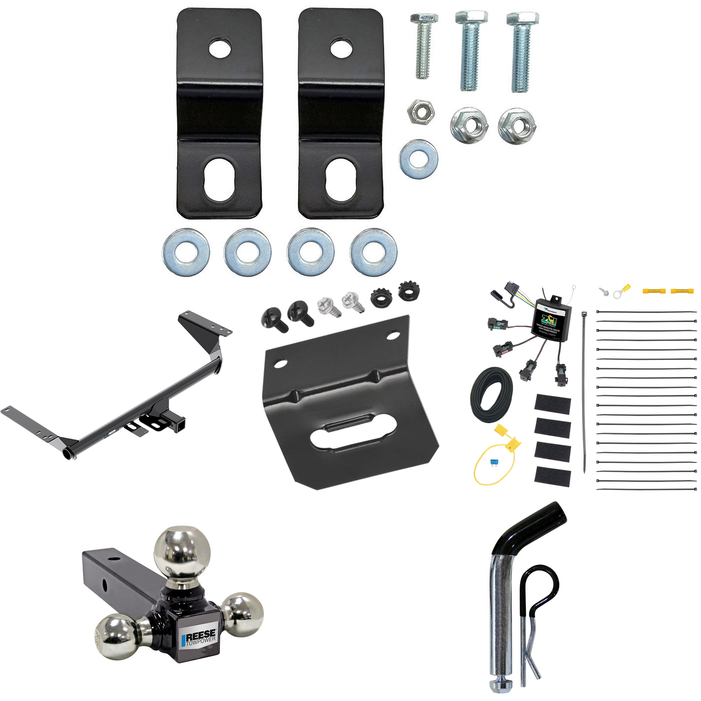 Fits 2017-2020 Chrysler Pacifica Hybrid Trailer Hitch Tow PKG w/ 4-Flat Zero Contact "No Splice" Wiring Harness + Triple Ball Ball Mount 1-7/8" & 2" & 2-5/16" Trailer Balls + Pin/Clip + Wiring Bracket By Reese Towpower