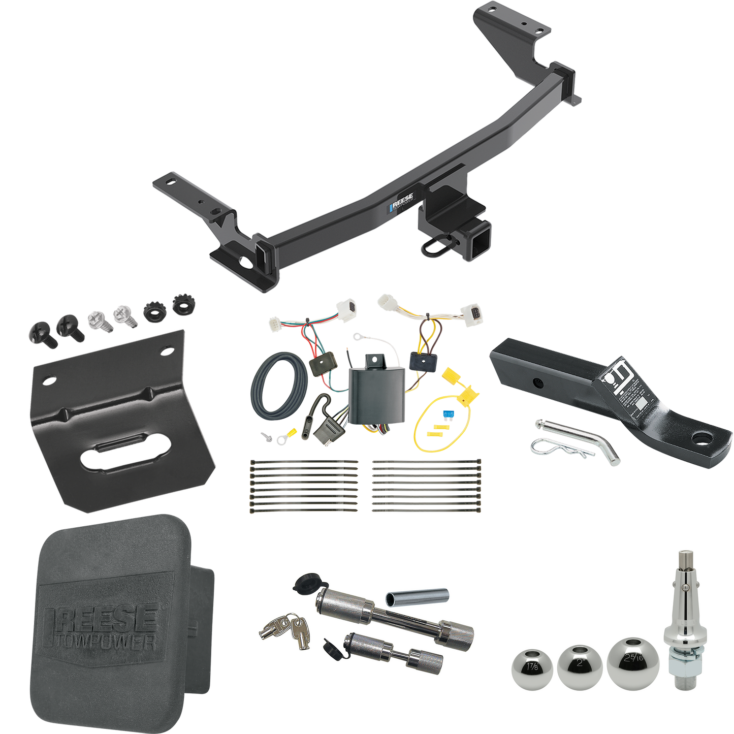 Fits 2017-2021 Mazda CX-5 Trailer Hitch Tow PKG w/ 4-Flat Wiring + Ball Mount w/ 2" Drop + Interchangeable Ball 1-7/8" & 2" & 2-5/16" + Wiring Bracket + Dual Hitch & Coupler Locks + Hitch Cover (Excludes: Diesel Engine Models) By Reese Towpower