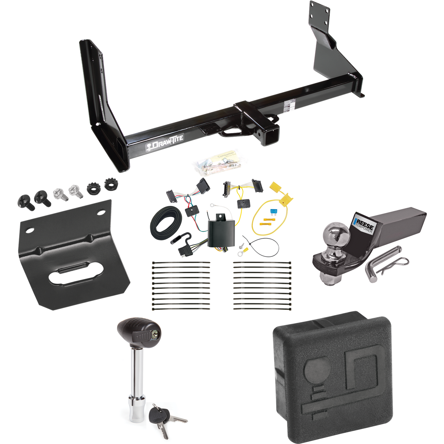 Fits 2014-2018 Mercedes-Benz Sprinter Trailer Hitch Tow PKG w/ 4-Flat Wiring + Starter Kit Ball Mount w/ 2" Drop & 2" Ball + Wiring Bracket + Hitch Lock + Hitch Cover (For w/Factory Step Bumper Excluding Models w/30-3/8” Frame Width Models) By Draw-T