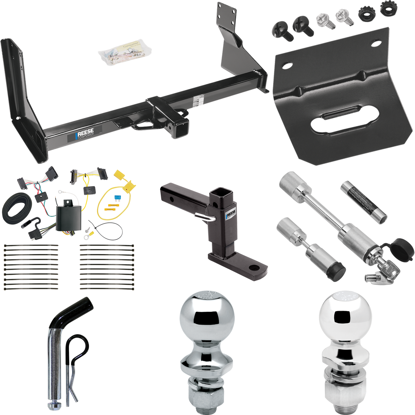 Fits 2014-2018 Freightliner Sprinter 3500 Trailer Hitch Tow PKG w/ 4-Flat Wiring Harness + Adjustable Drop Rise Ball Mount + Pin/Clip + 2" Ball + 1-7/8" Ball + Dual Hitch & Coupler Locks (For w/Factory Step Bumper Excluding Models w/30-3/8” Frame Wid