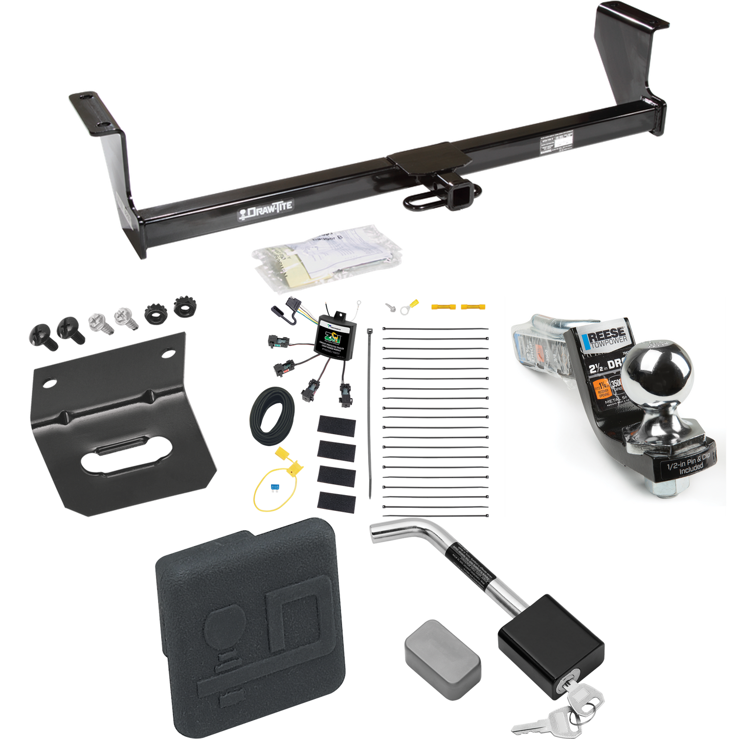 Fits 2001-2009 Volvo S60 Trailer Hitch Tow PKG w/ 4-Flat Zero Contact "No Splice" Wiring Harness + Interlock Starter Kit w/ 2" Ball 2-1/2" Drop 2" Rise + Wiring Bracket + Hitch Cover + Hitch Lock (For Sedan Models) By Draw-Tite