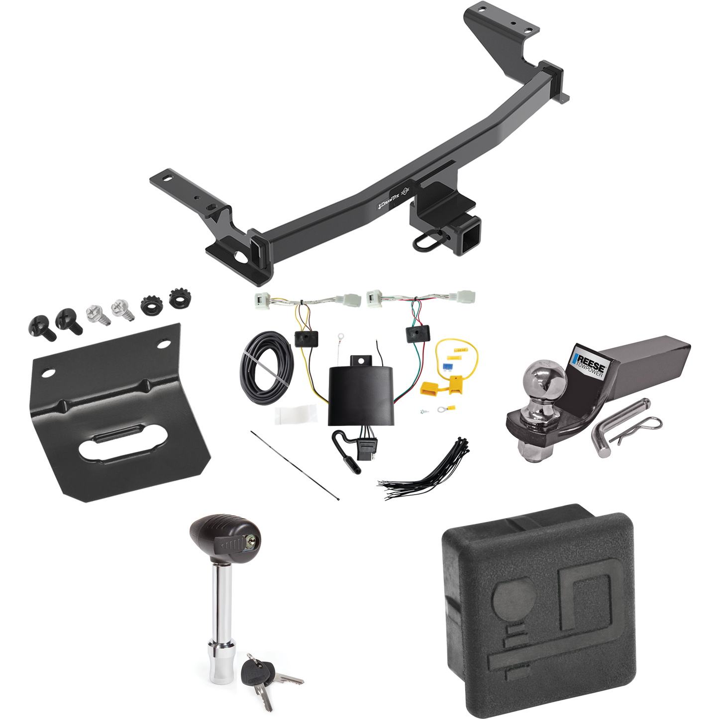 Fits 2022-2023 Mazda CX-5 Trailer Hitch Tow PKG w/ 4-Flat Wiring + Starter Kit Ball Mount w/ 2" Drop & 2" Ball + Wiring Bracket + Hitch Lock + Hitch Cover (Excludes: Diesel Engine Models) By Draw-Tite