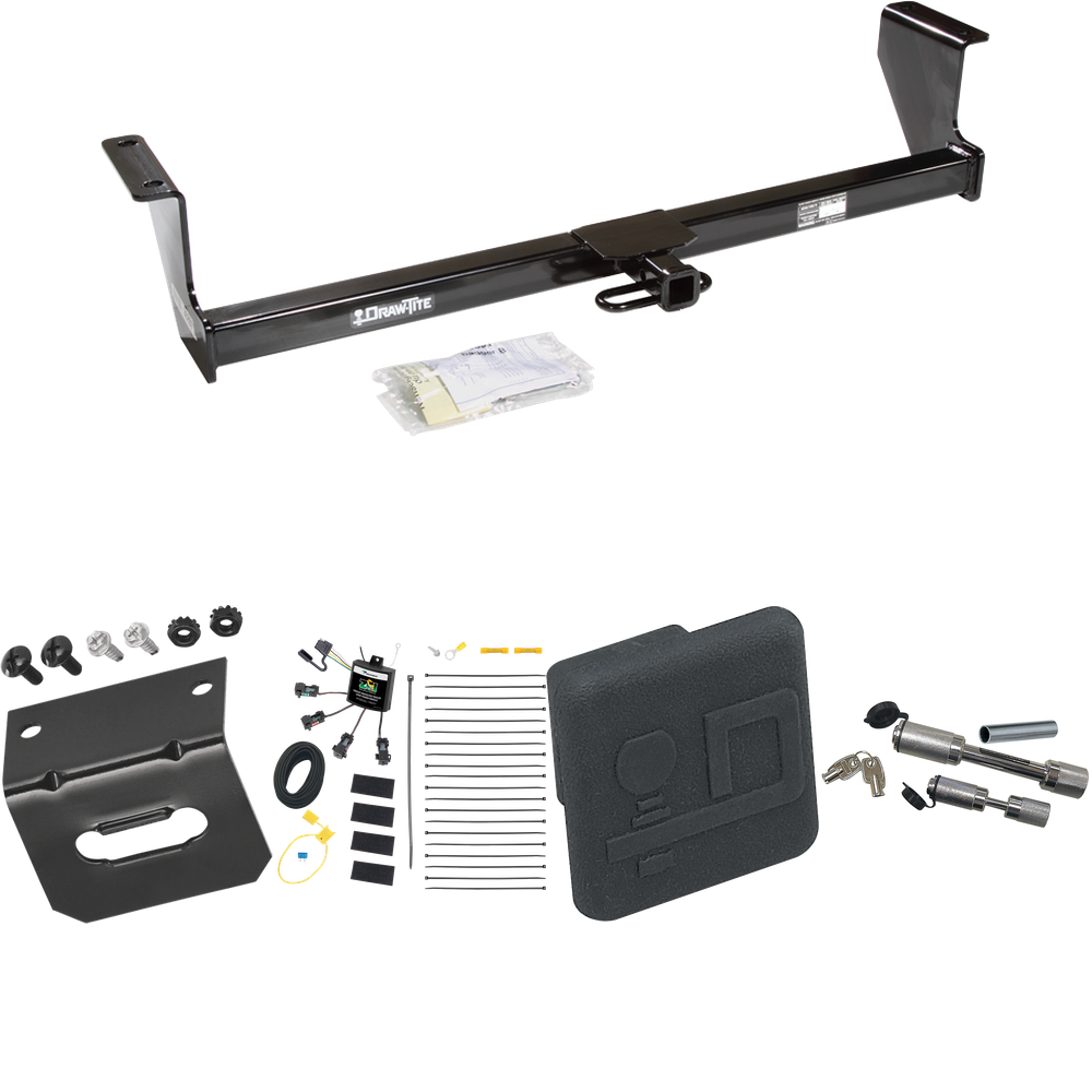 Fits 2001-2007 Volvo V70 Trailer Hitch Tow PKG w/ 4-Flat Zero Contact "No Splice" Wiring Harness + Hitch Cover + Dual Hitch & Coupler Locks (For Wagon Models) By Draw-Tite