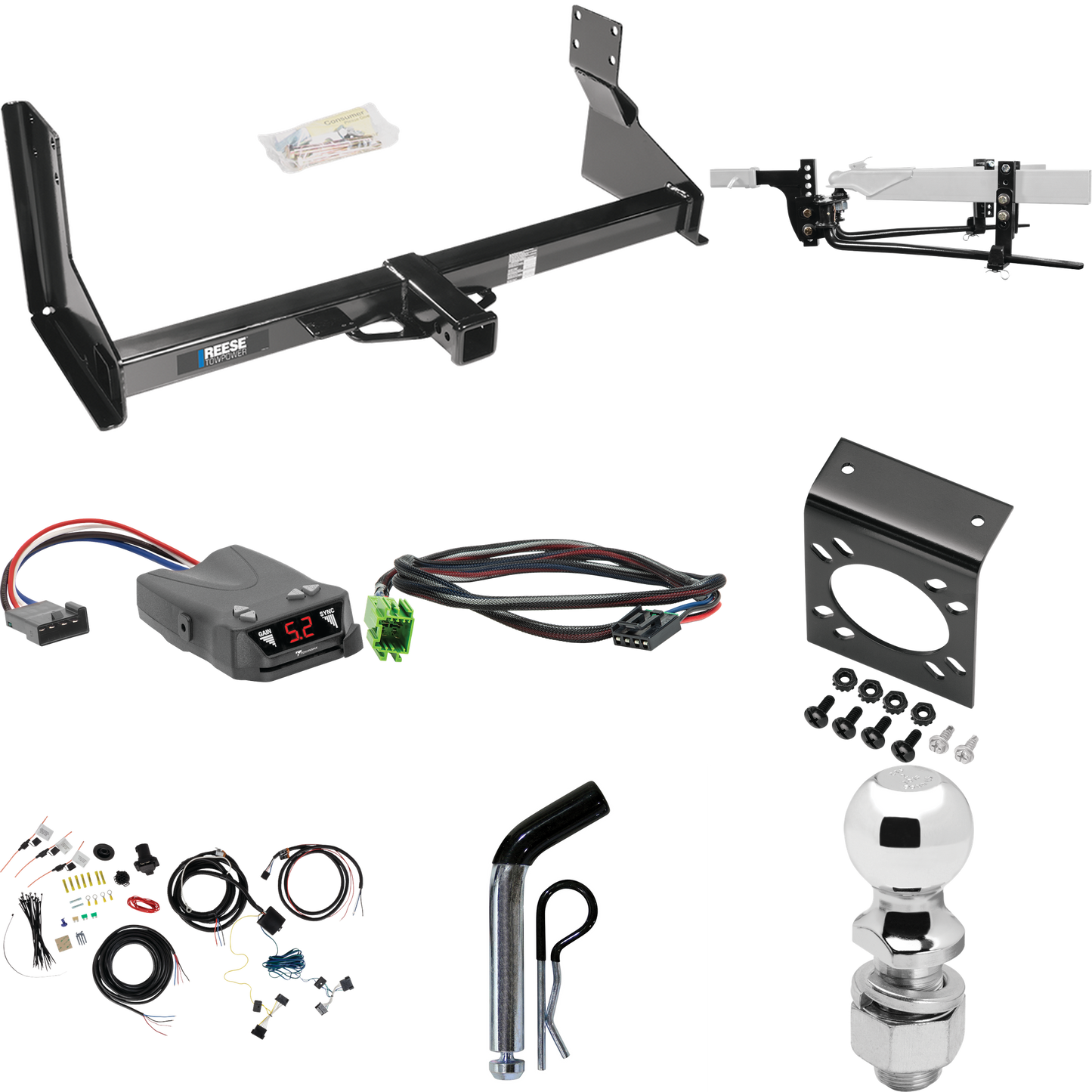 Fits 2019-2021 Mercedes-Benz Sprinter 3500 Trailer Hitch Tow PKG w/ 8K Round Bar Weight Distribution Hitch w/ 2-5/16" Ball + 2" Ball + Pin/Clip + Tekonsha Brakeman IV Brake Control + Plug & Play BC Adapter + 7-Way RV Wiring (For w/Factory Step Bumper