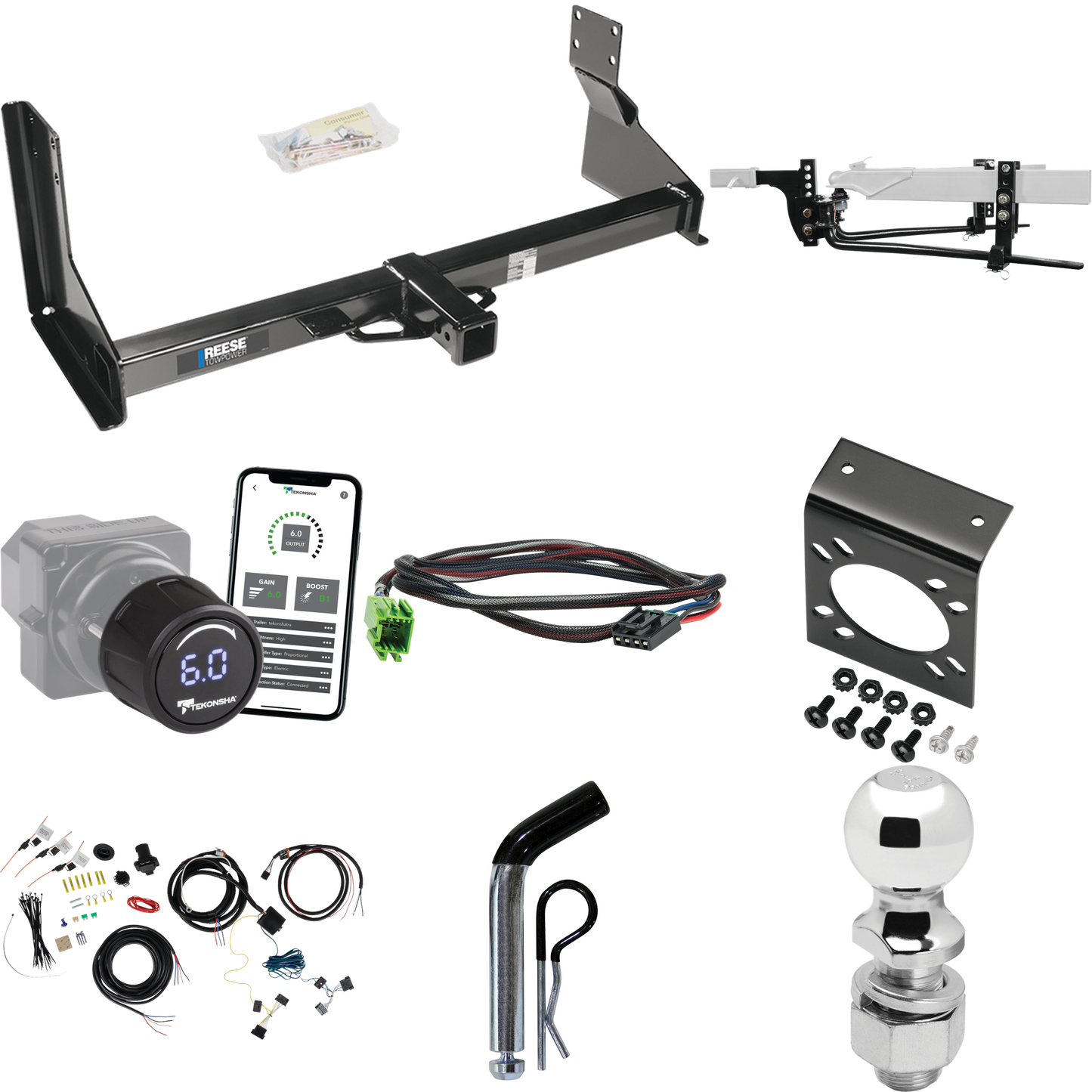 Fits 2019-2021 Mercedes-Benz Sprinter 2500 Trailer Hitch Tow PKG w/ 8K Round Bar Weight Distribution Hitch w/ 2-5/16" Ball + 2" Ball + Pin/Clip + Tekonsha Prodigy iD Bluetooth Wireless Brake Control + Plug & Play BC Adapter + 7-Way RV Wiring (For w/F