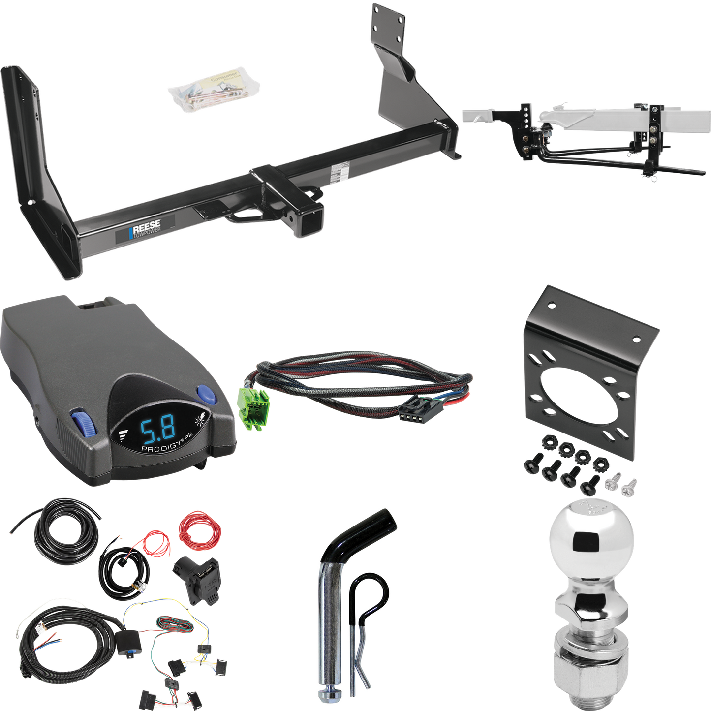 Fits 2014-2018 Freightliner Sprinter 3500 Trailer Hitch Tow PKG w/ 8K Round Bar Weight Distribution Hitch w/ 2-5/16" Ball + 2" Ball + Pin/Clip + Tekonsha Prodigy P2 Brake Control + Plug & Play BC Adapter + 7-Way RV Wiring (For w/Factory Step Bumper E