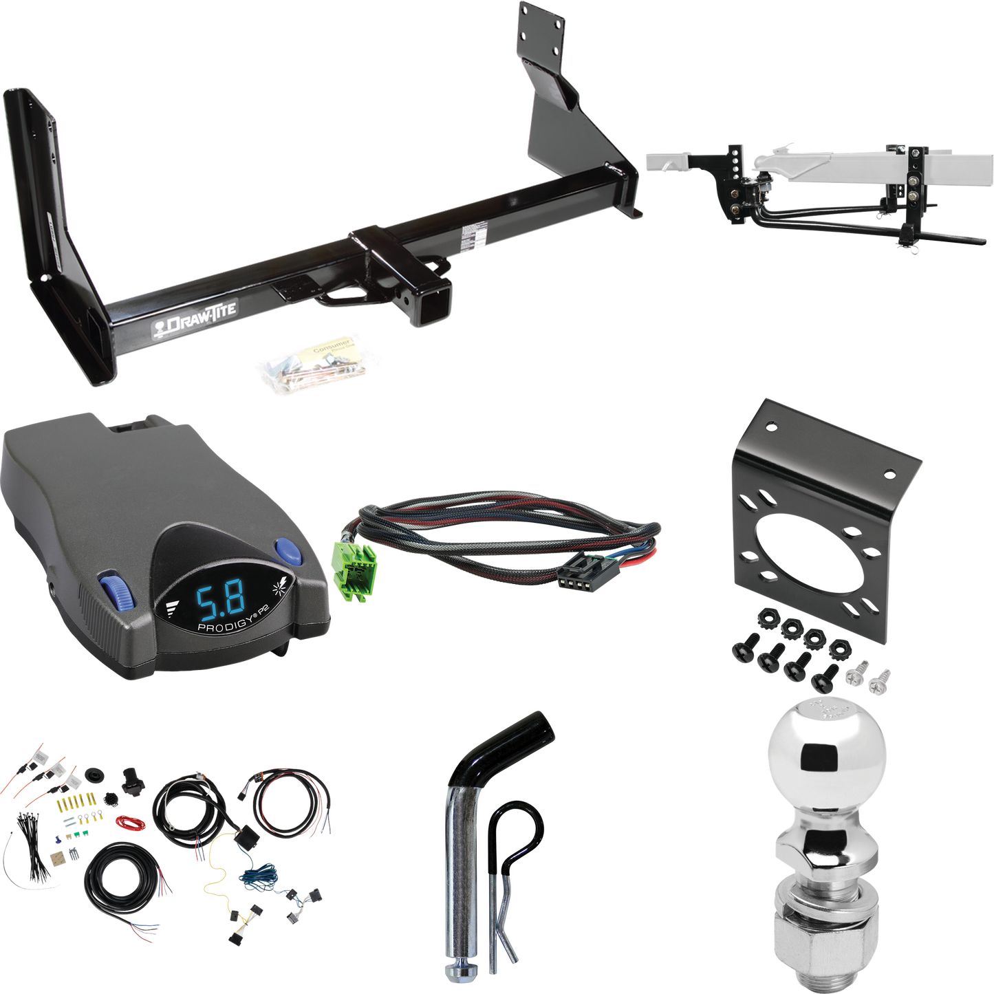 Fits 2019-2021 Freightliner Sprinter 3500 Trailer Hitch Tow PKG w/ 8K Round Bar Weight Distribution Hitch w/ 2-5/16" Ball + 2" Ball + Pin/Clip + Tekonsha Prodigy P2 Brake Control + Plug & Play BC Adapter + 7-Way RV Wiring (For w/Factory Step Bumper E