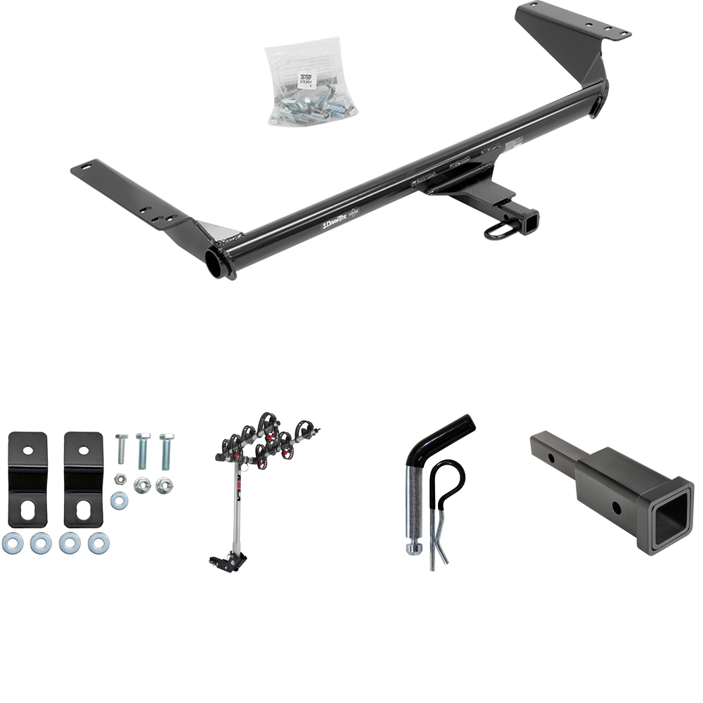 Fits 2017-2023 Chrysler Pacifica Hybrid Trailer Hitch Tow PKG w/ Hitch Adapter 1-1/4" to 2" Receiver + 1/2" Pin & Clip + 4 Bike Carrier Rack By Draw-Tite