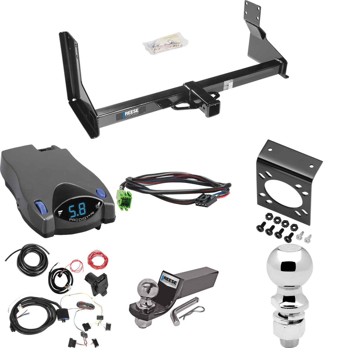 Fits 2014-2018 Mercedes-Benz Sprinter 2500 Trailer Hitch Tow PKG w/ Tekonsha Prodigy P2 Brake Control + Plug & Play BC Adapter + 7-Way RV Wiring + 2" & 2-5/16" Ball & Drop Mount (For w/Factory Step Bumper Excluding Models w/30-3/8” Frame Width Models