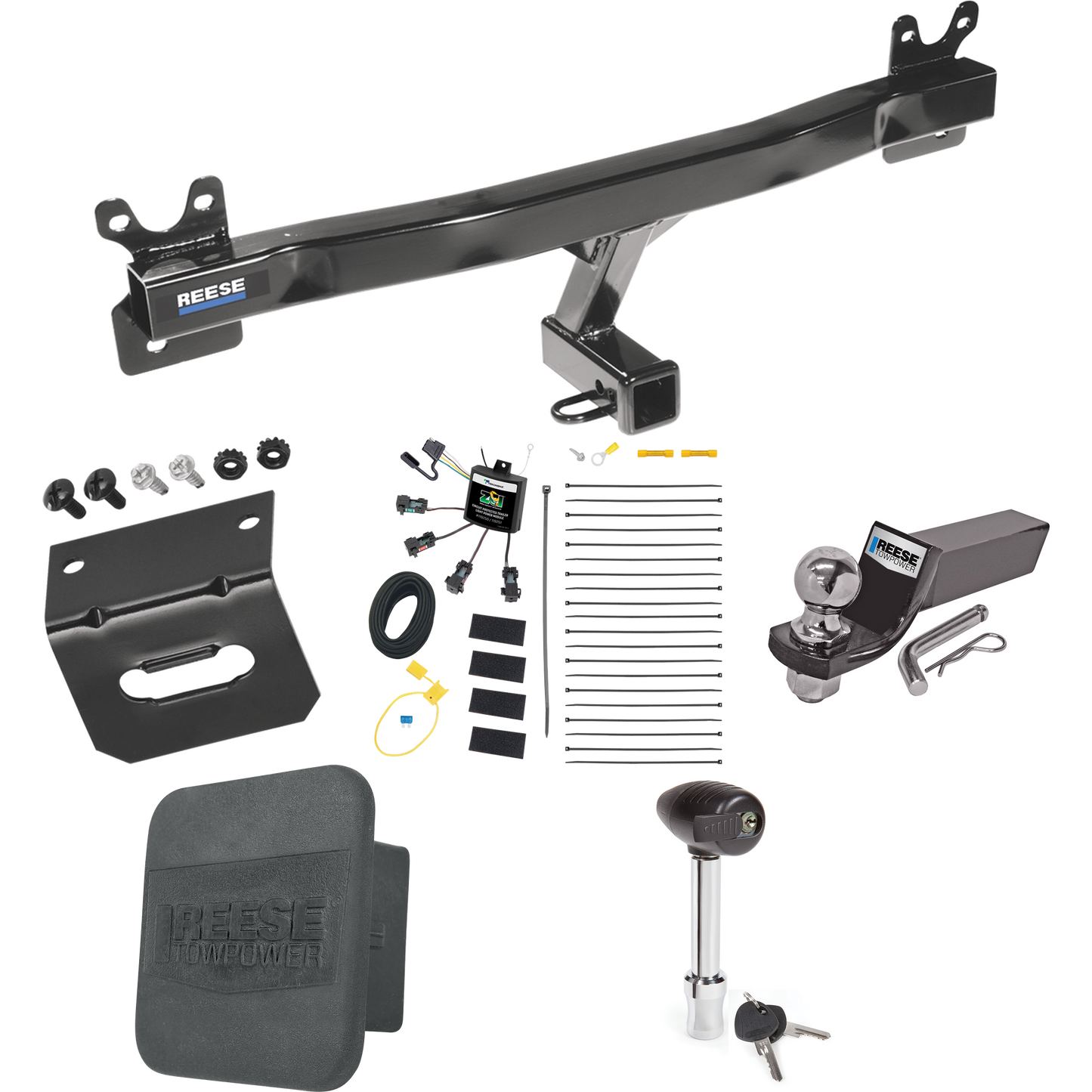 Fits 2011-2018 Volvo S60 Trailer Hitch Tow PKG w/ 4-Flat Zero Contact "No Splice" Wiring + Starter Kit Ball Mount w/ 2" Drop & 2" Ball + 1-7/8" Ball + Wiring Bracket + Hitch Lock + Hitch Cover (For Sedan Models) By Reese Towpower