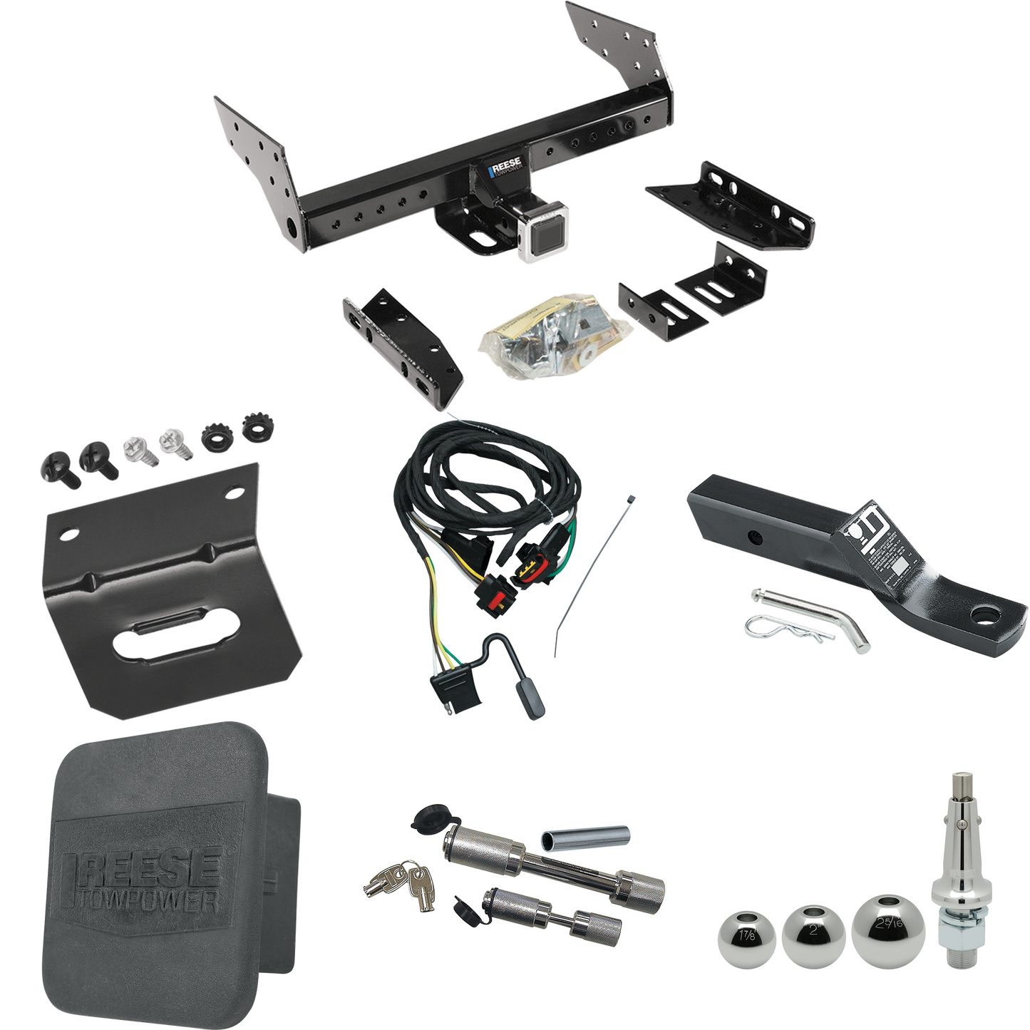 Fits 1991-1993 Dodge Grand Caravan Trailer Hitch Tow PKG w/ 4-Flat Wiring + Ball Mount w/ 2" Drop + Interchangeable Ball 1-7/8" & 2" & 2-5/16" + Wiring Bracket + Dual Hitch & Coupler Locks + Hitch Cover (For 2 WD, Long Wheelbase Models) By Reese Towp