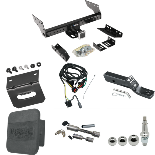 Fits 1991-1993 Dodge Grand Caravan Trailer Hitch Tow PKG w/ 4-Flat Wiring + Ball Mount w/ 2" Drop + Interchangeable Ball 1-7/8" & 2" & 2-5/16" + Wiring Bracket + Dual Hitch & Coupler Locks + Hitch Cover (For 2 WD, Long Wheelbase Models) By Reese Towp