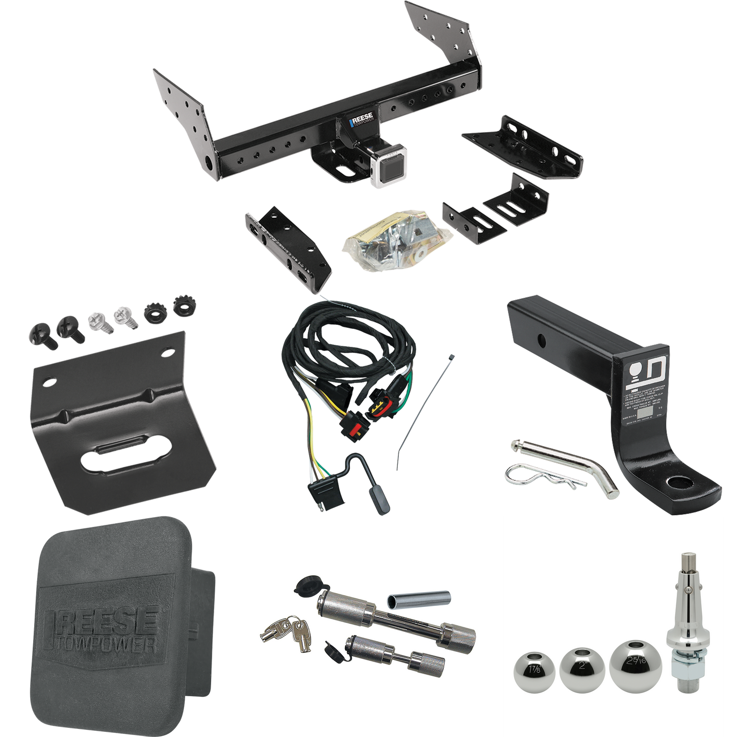 Fits 1991-1993 Dodge Grand Caravan Trailer Hitch Tow PKG w/ 4-Flat Wiring + Ball Mount w/ 4" Drop + Interchangeable Ball 1-7/8" & 2" & 2-5/16" + Wiring Bracket + Dual Hitch & Coupler Locks + Hitch Cover (For 2 WD, Long Wheelbase Models) By Reese Towp