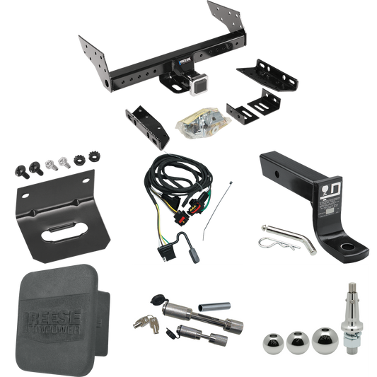 Fits 1991-1993 Dodge Grand Caravan Trailer Hitch Tow PKG w/ 4-Flat Wiring + Ball Mount w/ 4" Drop + Interchangeable Ball 1-7/8" & 2" & 2-5/16" + Wiring Bracket + Dual Hitch & Coupler Locks + Hitch Cover (For 2 WD, Long Wheelbase Models) By Reese Towp