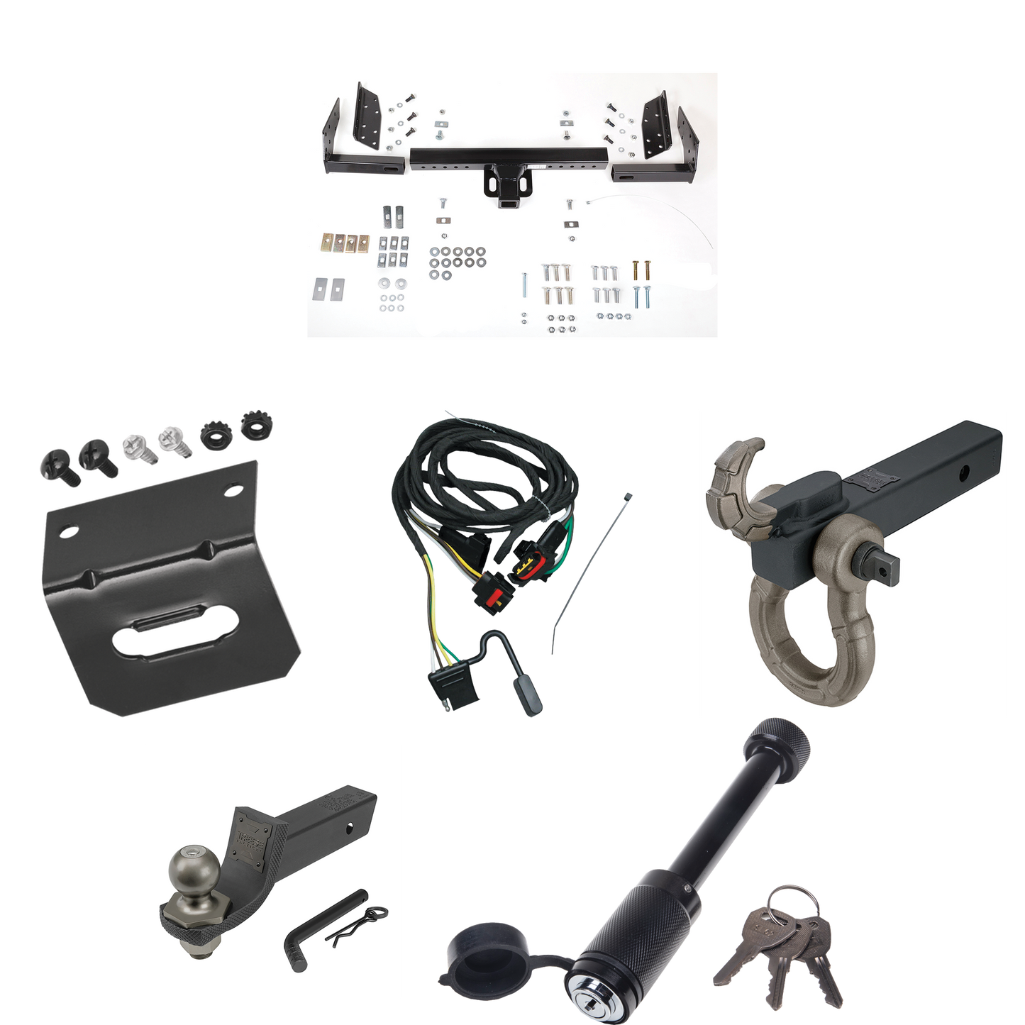 Fits 1991-1995 Plymouth Voyager Trailer Hitch Tow PKG w/ 4-Flat Wiring + Interlock Tactical Starter Kit w/ 2" Drop & 2" Ball + Tactical Hook & Shackle Mount + Tactical Dogbone Lock + Wiring Bracket By Reese Towpower