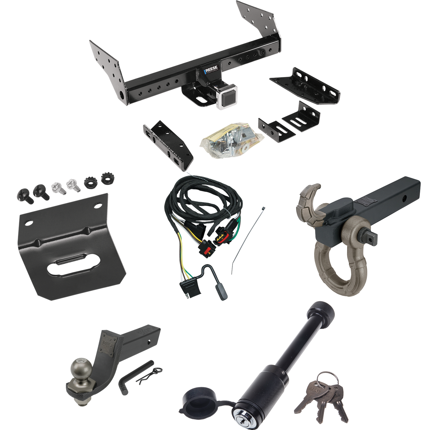 Fits 1991-1995 Dodge Caravan C/V Trailer Hitch Tow PKG w/ 4-Flat Wiring + Interlock Tactical Starter Kit w/ 3-1/4" Drop & 2" Ball + Tactical Hook & Shackle Mount + Tactical Dogbone Lock + Wiring Bracket (For 2 WD, Short Wheelbase Models) By Reese Tow