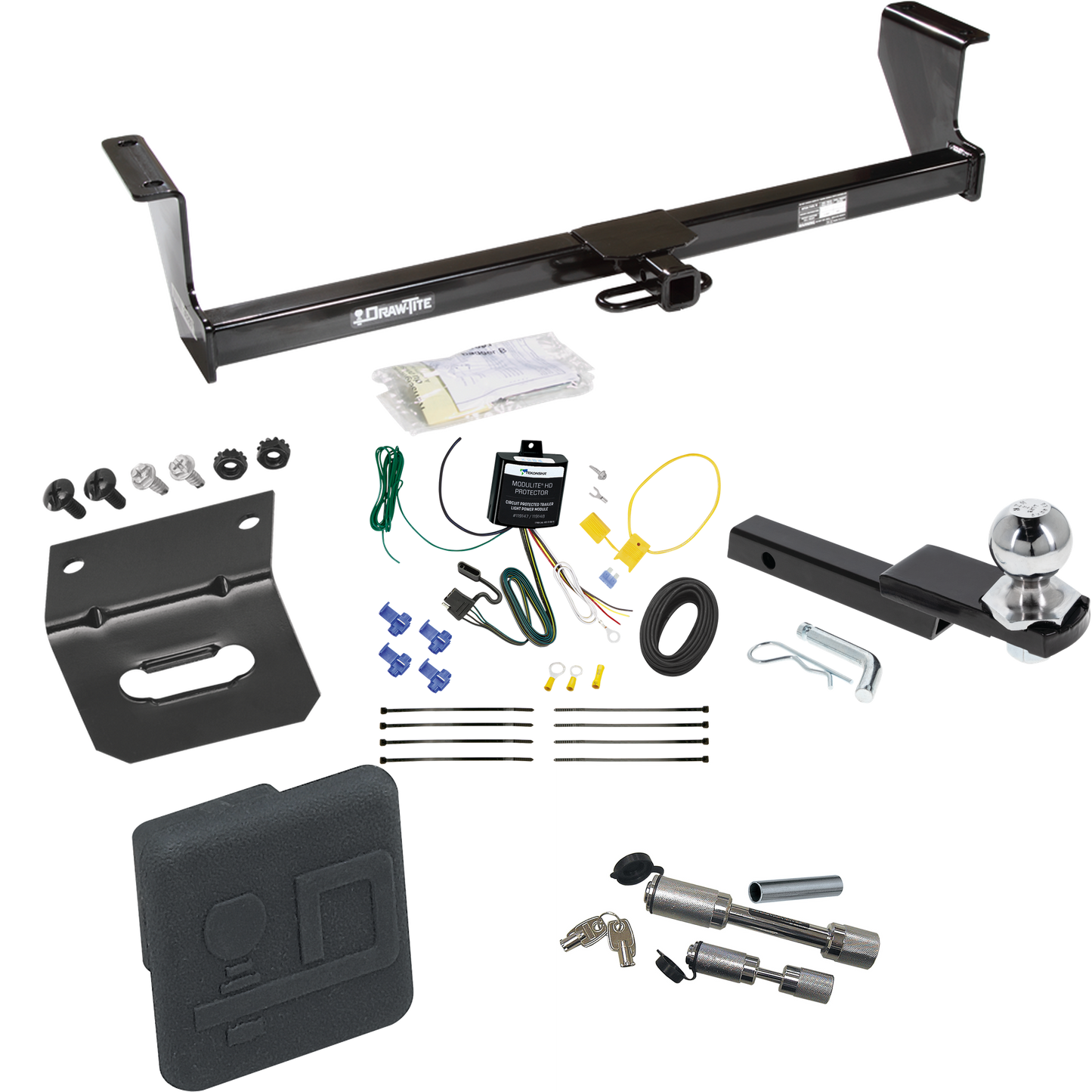 Fits 2001-2007 Volvo V70 Trailer Hitch Tow PKG w/ 4-Flat Wiring Harness + Interlock Starter Kit w/ 2" Ball 1-1/4" Drop 3/4" Rise + Wiring Bracket + Hitch Cover + Dual Hitch & Coupler Locks (For Wagon Models) By Draw-Tite