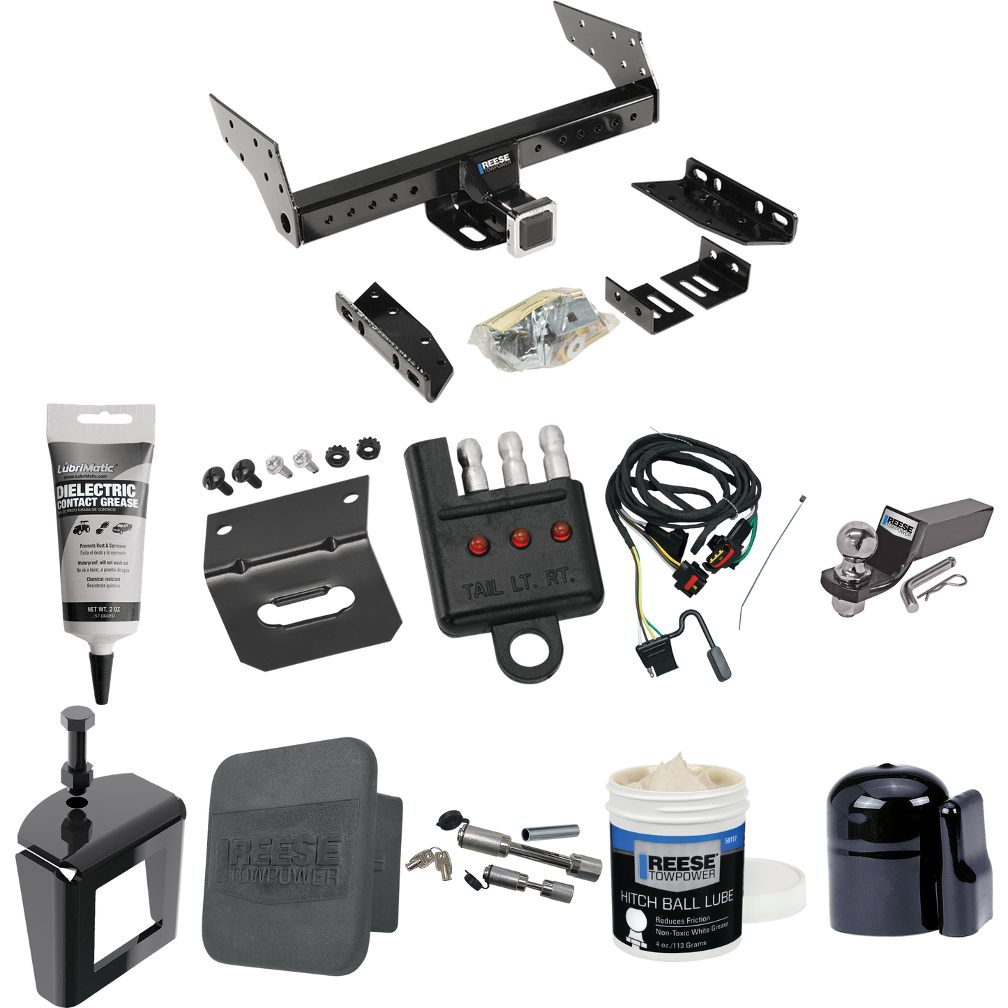 Fits 1991-1995 Dodge Caravan C/V Trailer Hitch Tow PKG w/ 4-Flat Wiring + Starter Kit Ball Mount w/ 2" Drop & 2" Ball + 1-7/8" Ball + Wiring Bracket + Dual Hitch & Coupler Locks + Hitch Cover + Wiring Tester + Ball Lube + Electric Grease + Ball Wrenc