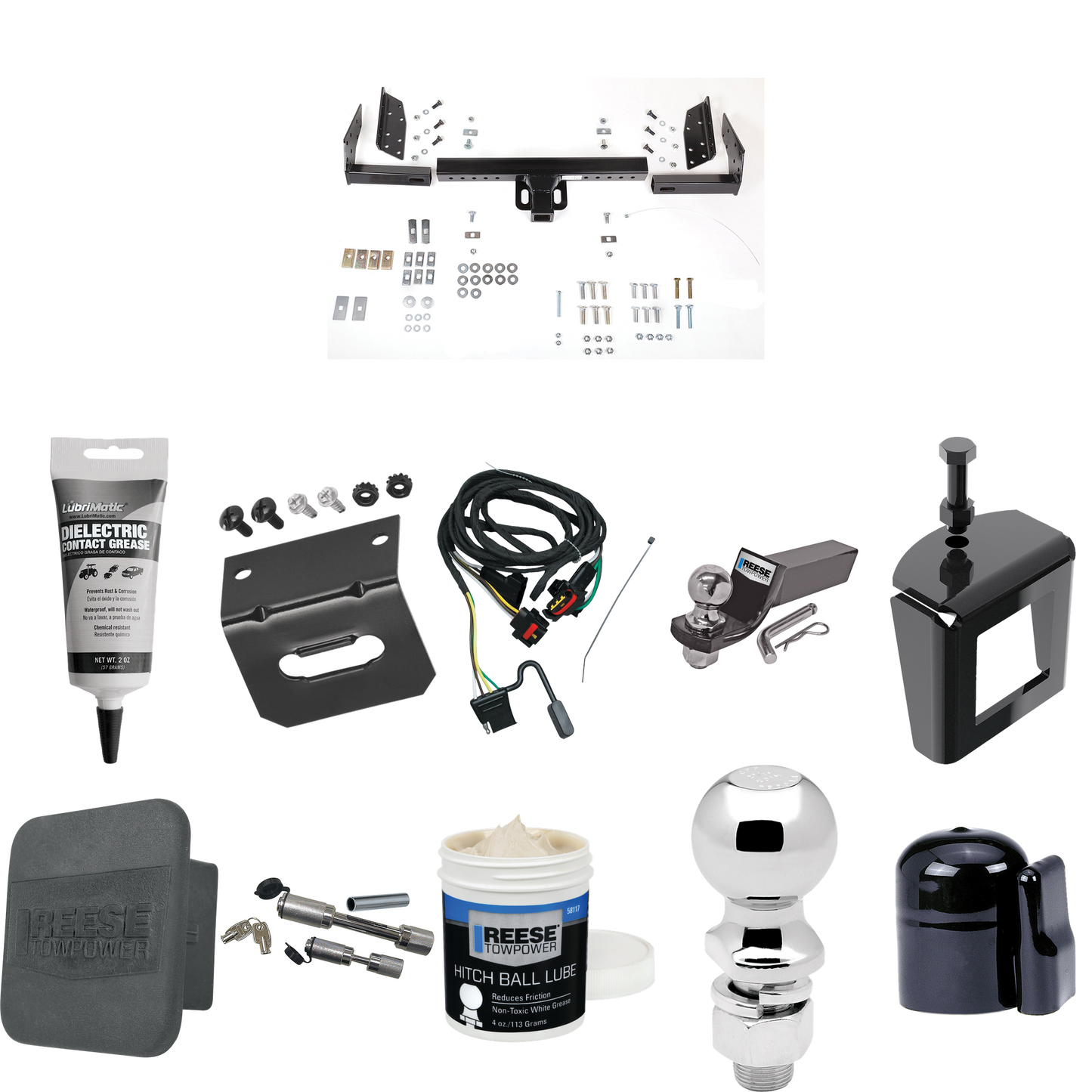 Fits 1991-1995 Chrysler Town & Country Trailer Hitch Tow PKG w/ 4-Flat Wiring + Starter Kit Ball Mount w/ 2" Drop & 2" Ball + 2-5/16" Ball + Wiring Bracket + Dual Hitch & Coupler Locks + Hitch Cover + Wiring Tester + Ball Lube +Electric Grease + Ball