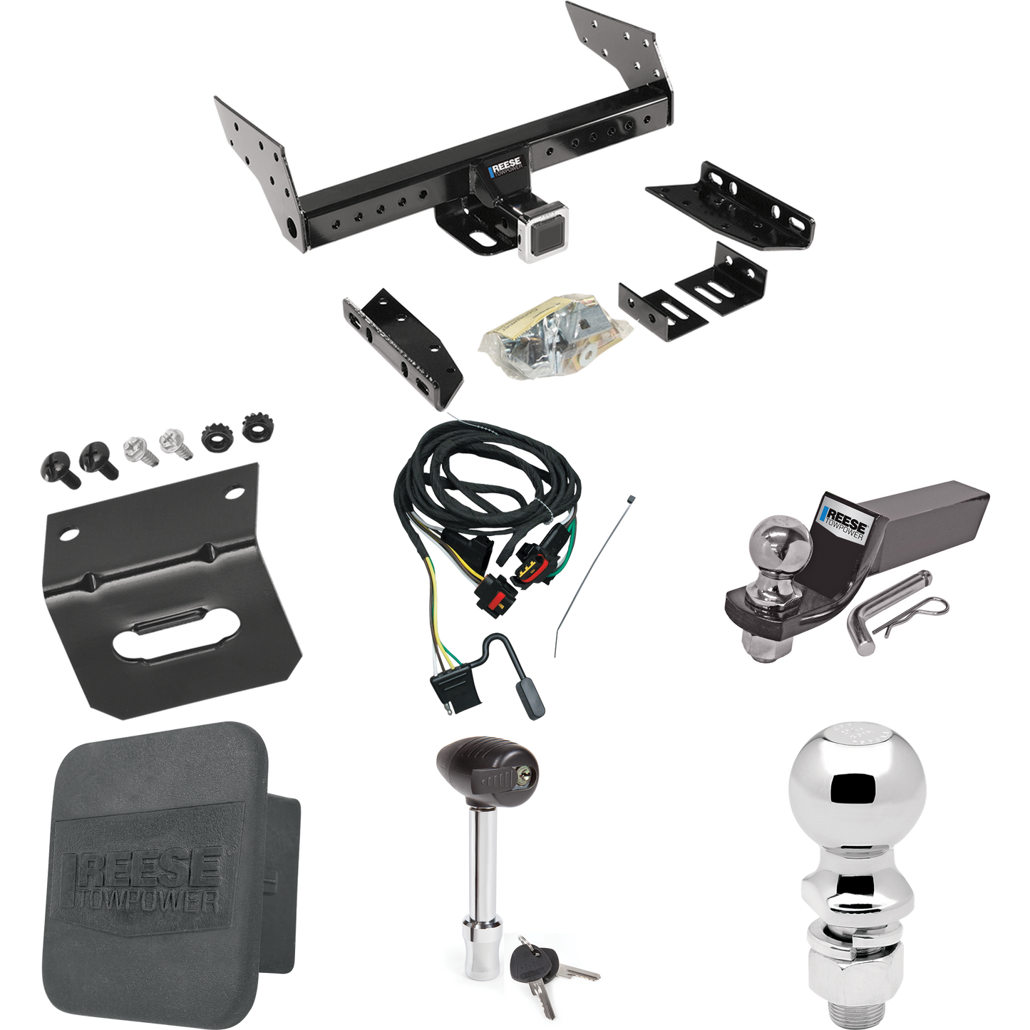 Fits 1991-1995 Plymouth Voyager Trailer Hitch Tow PKG w/ 4-Flat Wiring + Starter Kit Ball Mount w/ 2" Drop & 2" Ball + 2-5/16" Ball + Wiring Bracket + Hitch Lock + Hitch Cover By Reese Towpower