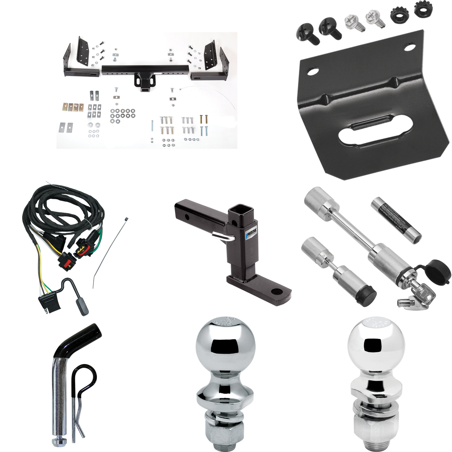 Fits 1991-1995 Dodge Caravan Trailer Hitch Tow PKG w/ 4-Flat Wiring Harness + Adjustable Drop Rise Ball Mount + Pin/Clip + 2" Ball + 1-7/8" Ball + Dual Hitch & Coupler Locks (For 2 WD, Short Wheelbase Models) By Reese Towpower