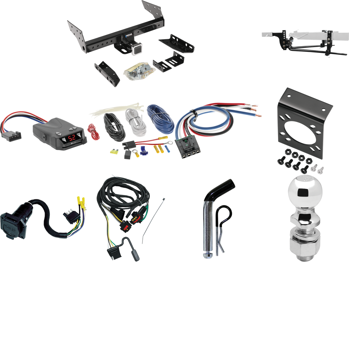 Fits 1991-1995 Chrysler Town & Country Trailer Hitch Tow PKG w/ 6K Round Bar Weight Distribution Hitch w/ 2-5/16" Ball + 2" Ball + Pin/Clip + Tekonsha Brakeman IV Brake Control + Generic BC Wiring Adapter + 7-Way RV Wiring (For 2 WD, Long Wheelbase M