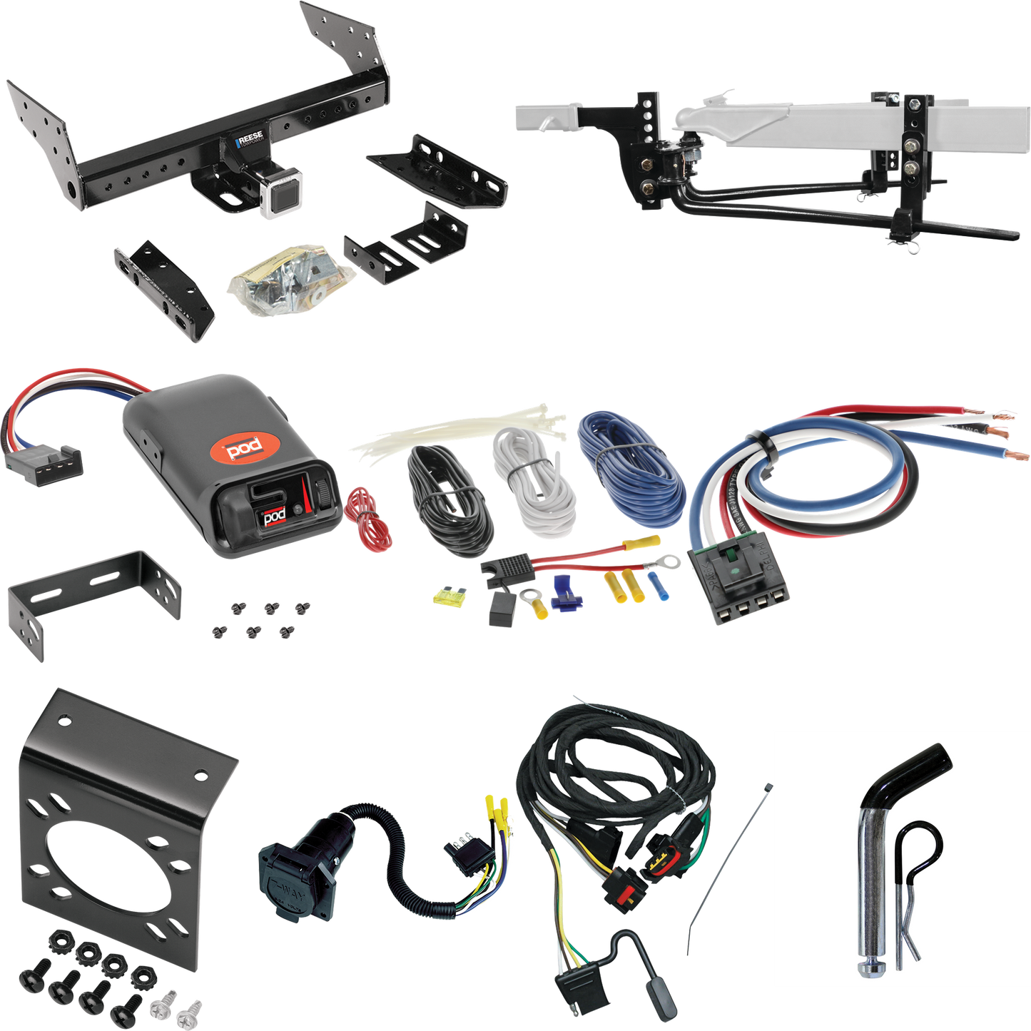 Fits 1991-1995 Dodge Caravan C/V Trailer Hitch Tow PKG w/ 6K Round Bar Weight Distribution Hitch w/ 2-5/16" Ball + Pin/Clip + Pro Series POD Brake Control + Generic BC Wiring Adapter + 7-Way RV Wiring (For 2 WD, Short Wheelbase Models) By Reese Towpo