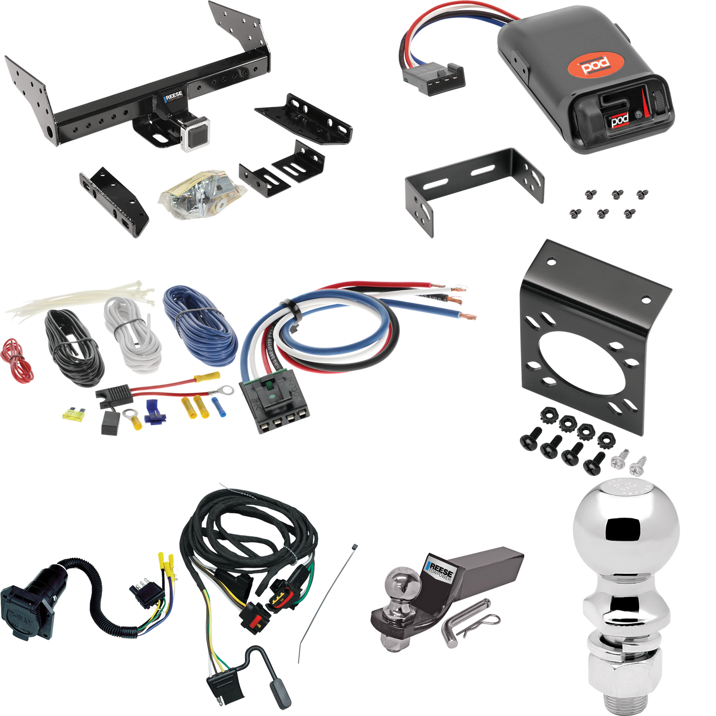 Fits 1991-1995 Plymouth Voyager Trailer Hitch Tow PKG w/ Pro Series POD Brake Control + Generic BC Wiring Adapter + 7-Way RV Wiring + 2" & 2-5/16" Ball & Drop Mount By Reese Towpower