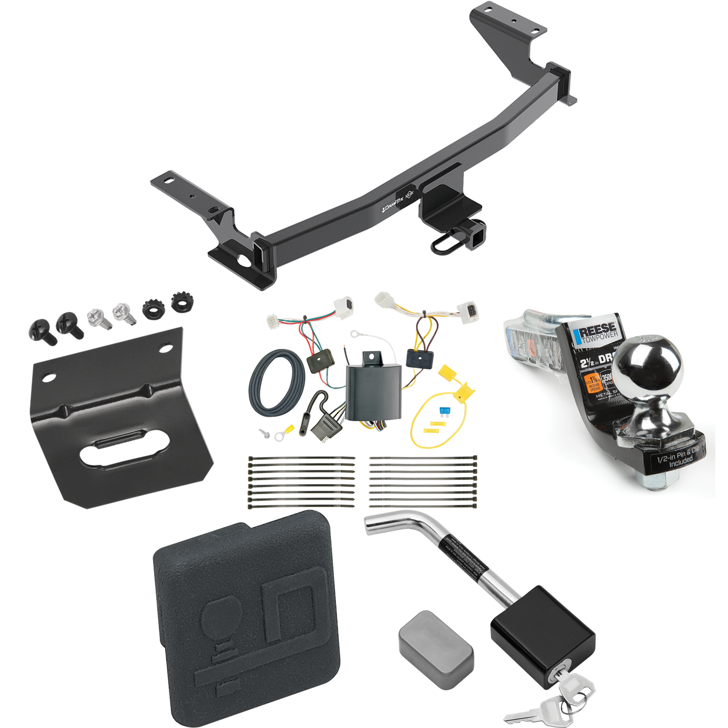 Fits 2017-2021 Mazda CX-5 Trailer Hitch Tow PKG w/ 4-Flat Wiring Harness + Interlock Starter Kit w/ 2" Ball 2-1/2" Drop 2" Rise + Wiring Bracket + Hitch Cover + Hitch Lock (Excludes: Diesel Engine Models) By Draw-Tite