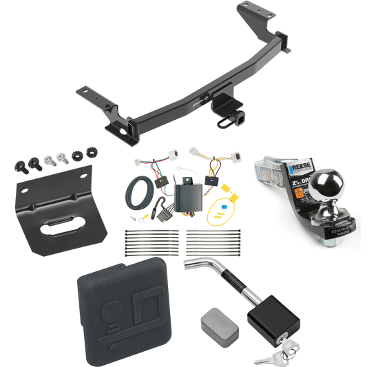 Fits 2017-2021 Mazda CX-5 Trailer Hitch Tow PKG w/ 4-Flat Wiring Harness + Interlock Starter Kit w/ 2" Ball 2-1/2" Drop 2" Rise + Wiring Bracket + Hitch Cover + Hitch Lock (Excludes: Diesel Engine Models) By Draw-Tite