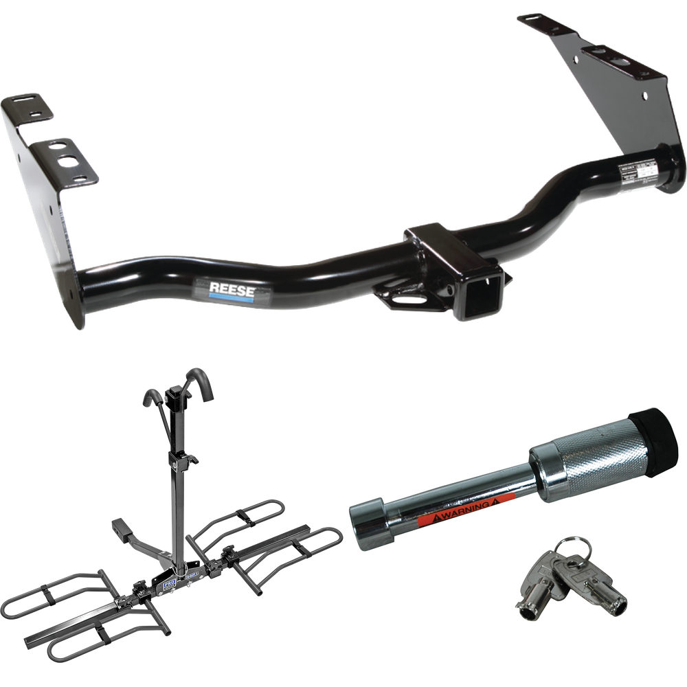 Fits 1996-2003 Chrysler Town & Country Trailer Hitch Tow PKG w/ 2 Bike Plaform Style Carrier Rack + Hitch Lock By Reese Towpower