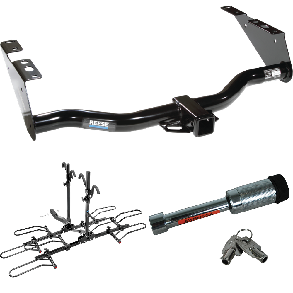 Fits 1996-2003 Dodge Caravan Trailer Hitch Tow PKG w/ 4 Bike Plaform Style Carrier Rack + Hitch Lock By Reese Towpower