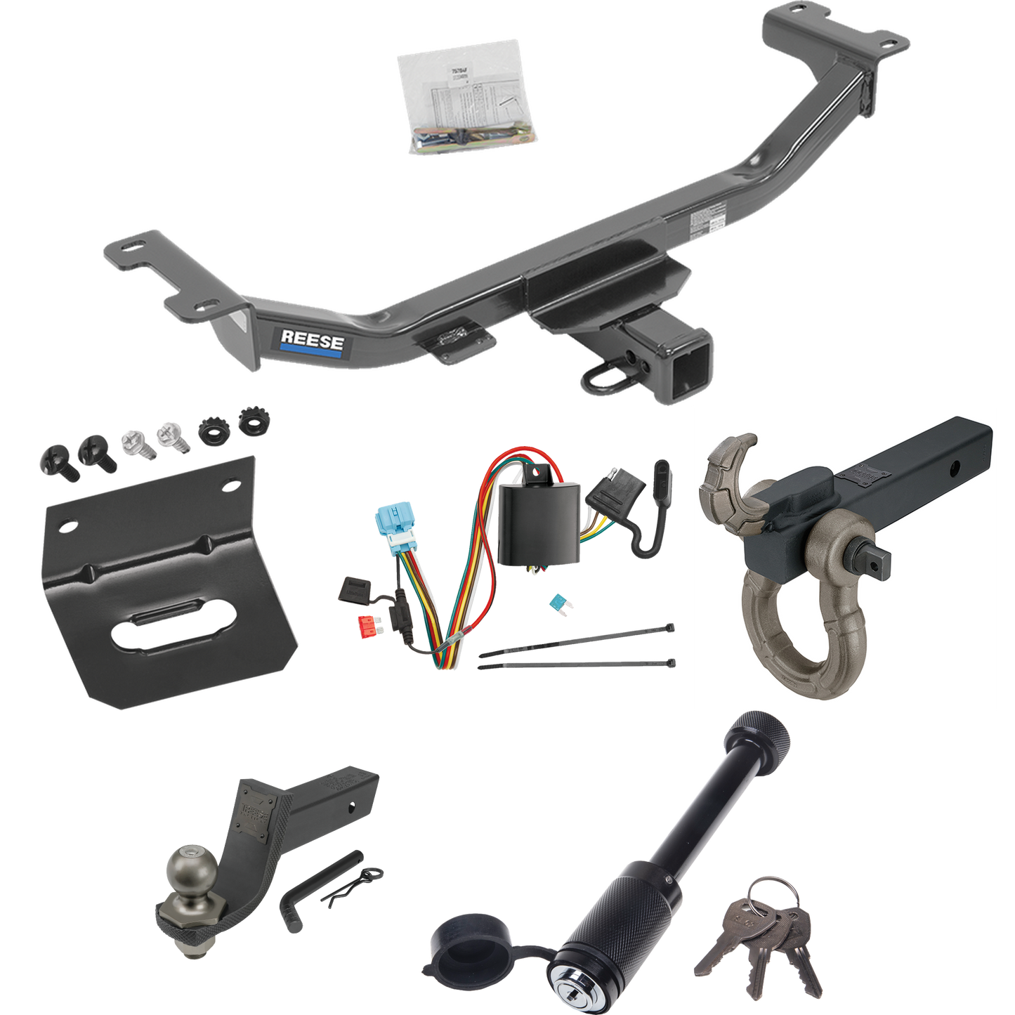 Fits 2010-2012 Acura RDX Trailer Hitch Tow PKG w/ 4-Flat Wiring + Interlock Tactical Starter Kit w/ 3-1/4" Drop & 2" Ball + Tactical Hook & Shackle Mount + Tactical Dogbone Lock + Wiring Bracket By Reese Towpower