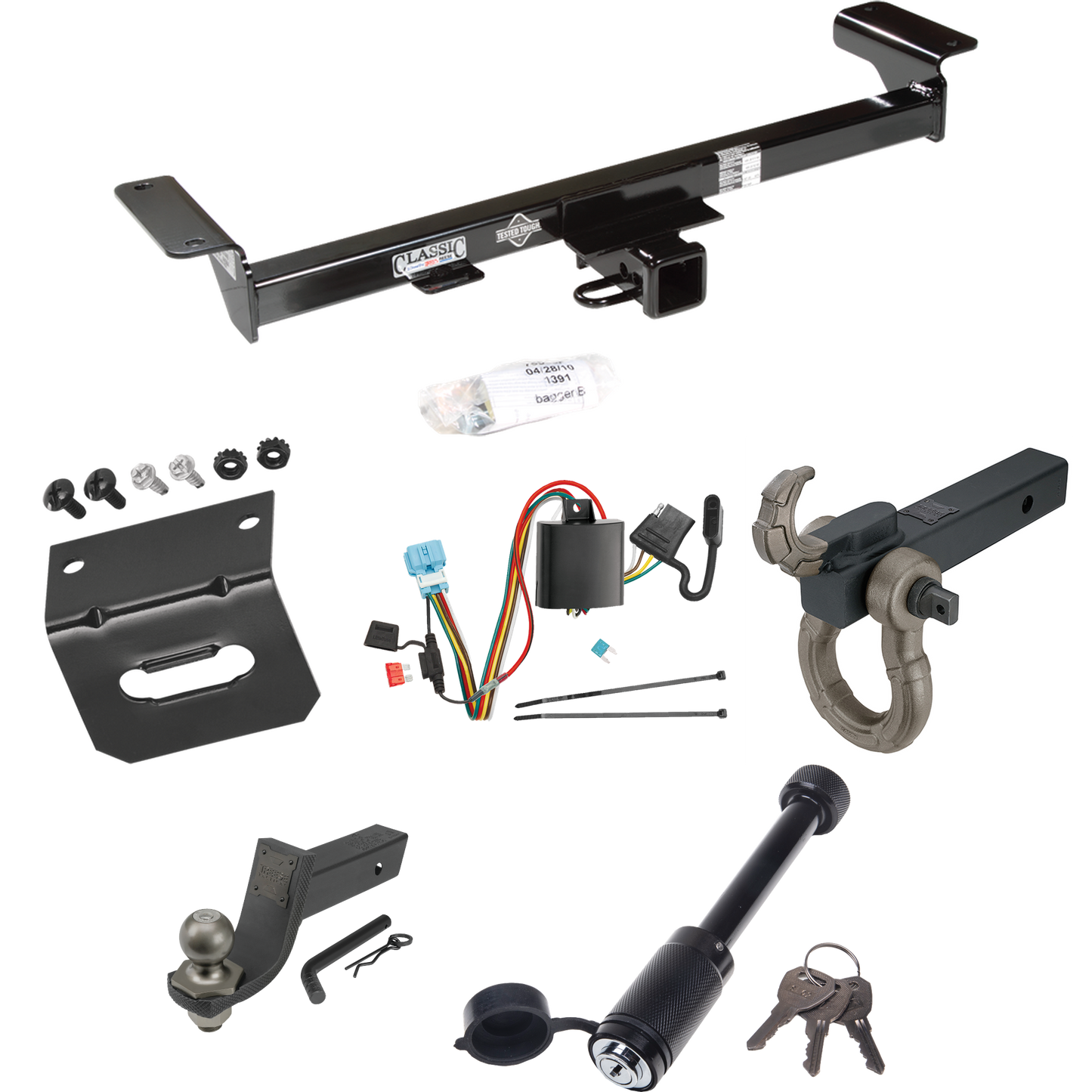 Fits 2007-2009 Acura RDX Trailer Hitch Tow PKG w/ 4-Flat Wiring + Interlock Tactical Starter Kit w/ 3-1/4" Drop & 2" Ball + Tactical Hook & Shackle Mount + Tactical Dogbone Lock + Wiring Bracket By Draw-Tite