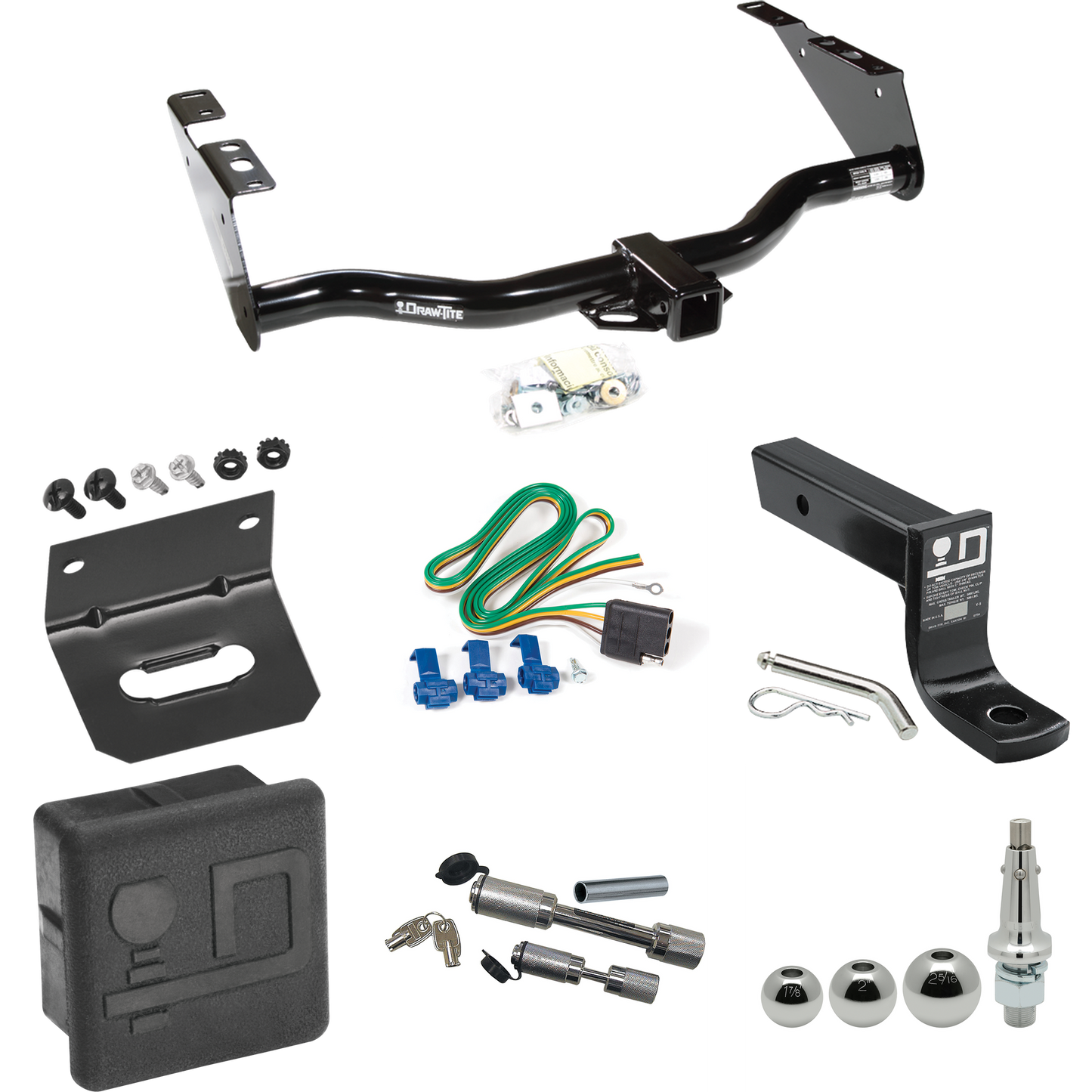 Fits 2004-2007 Chrysler Town & Country Trailer Hitch Tow PKG w/ 4-Flat Wiring + Ball Mount w/ 4" Drop + Interchangeable Ball 1-7/8" & 2" & 2-5/16" + Wiring Bracket + Dual Hitch & Coupler Locks + Hitch Cover (Excludes: w/Stow & Go Seats Models) By Dra