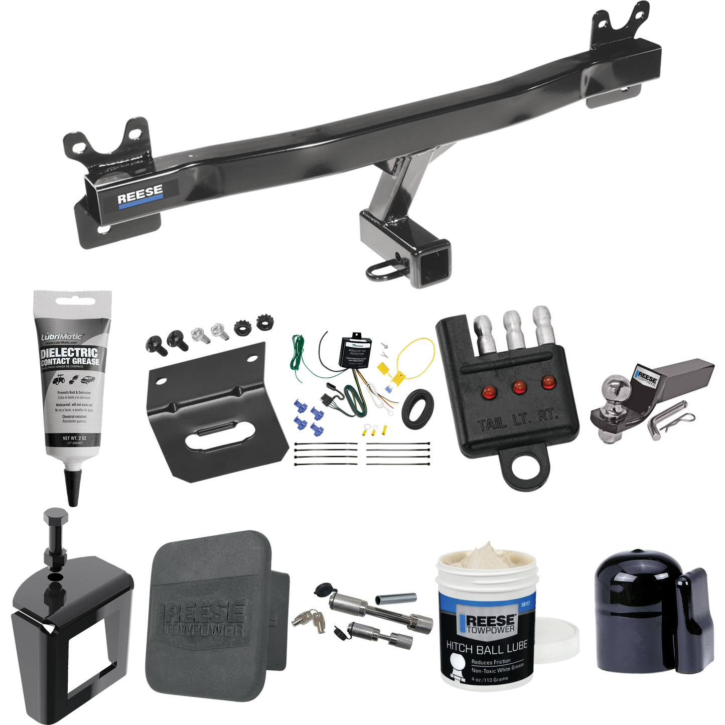 Fits 2008-2010 Volvo V70 Trailer Hitch Tow PKG w/ 4-Flat Wiring + Starter Kit Ball Mount w/ 2" Drop & 2" Ball + 1-7/8" Ball + Wiring Bracket + Dual Hitch & Coupler Locks + Hitch Cover + Wiring Tester + Ball Lube + Electric Grease + Ball Wrench + Anti