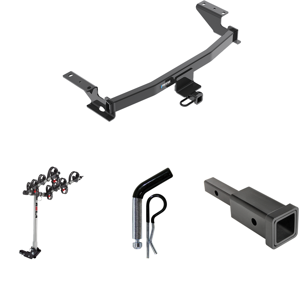 Fits 2013-2016 Mazda CX-5 Trailer Hitch Tow PKG w/ Hitch Adapter 1-1/4" to 2" Receiver + 1/2" Pin & Clip + 4 Bike Carrier Rack By Reese Towpower